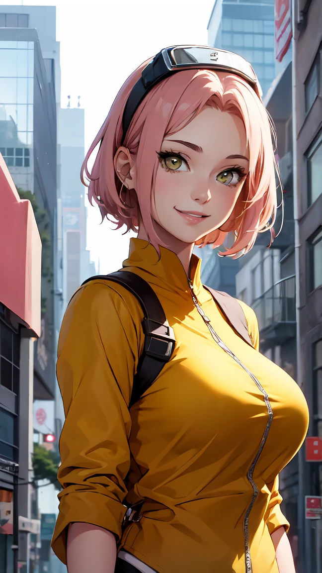 1girl, rin in anime naruto shipudden, short hair , brown hair, yellow eyes, beautiful, black clothes, smile, big breasts, realistic clothes, detail clothes, city background, ultra detail, realistic