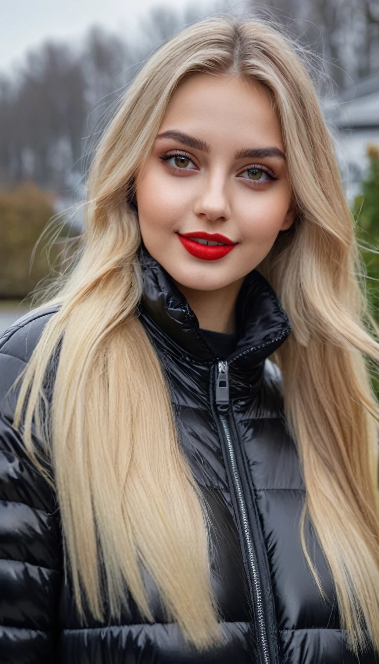 hyperrealistic beautiful busty 19-year-old woman with long legs wearing casual winter outfit with shiny black puffer coat, model shooting full body photography, bleached blonde very long straight hair, soaky wet skin, dark eye makeup with eyeliner, seductive smile, red lips, 8K, Best quality, Meisterwerk, ultra high resolution, (Realismus: 1.4), Originalfoto, (realistische Hautstruktur: 1.3), (Filmkorn: 1.3), (Selfie-Winkel), 1 girl, Beautiful round hazel eyes and facial details, Meisterwerk, Best quality, outdoor photography
