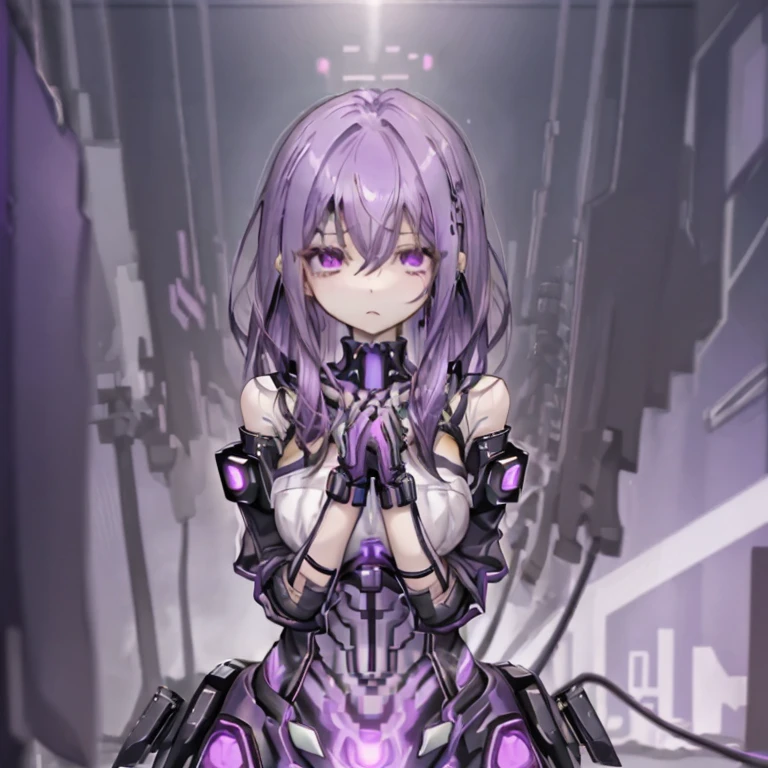1 girl、Mature、Ample breasts、Purple Hair、Long Hair、Sharp Eyes、cyber punk、Near future、noise、error、Place your hands on your chest、Upper Body、Bust-up perspective、ブラックnoise、Shoulder Bare、cyber punkな衣装、High resolution、highest quality