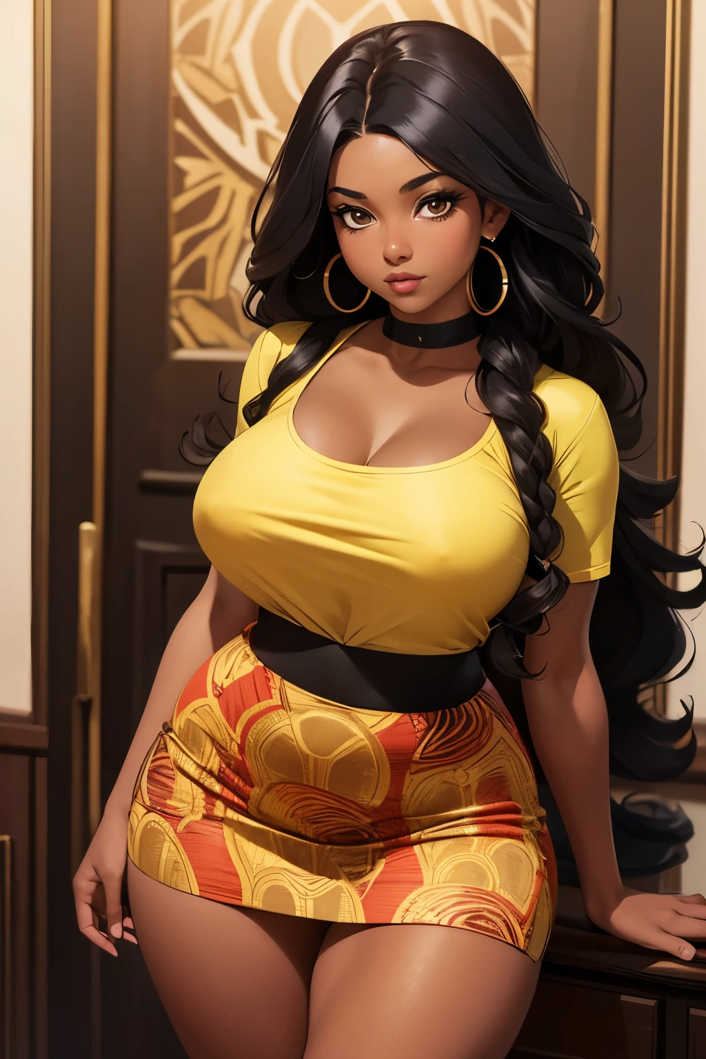 ((Masterpiece)), ((best quality)), ((highres)), black skin gorgeous woman with extremely long voluptuous curly black hair, African, big brown hoop earrings, wearing colored top and brown pattern mini skirt, 