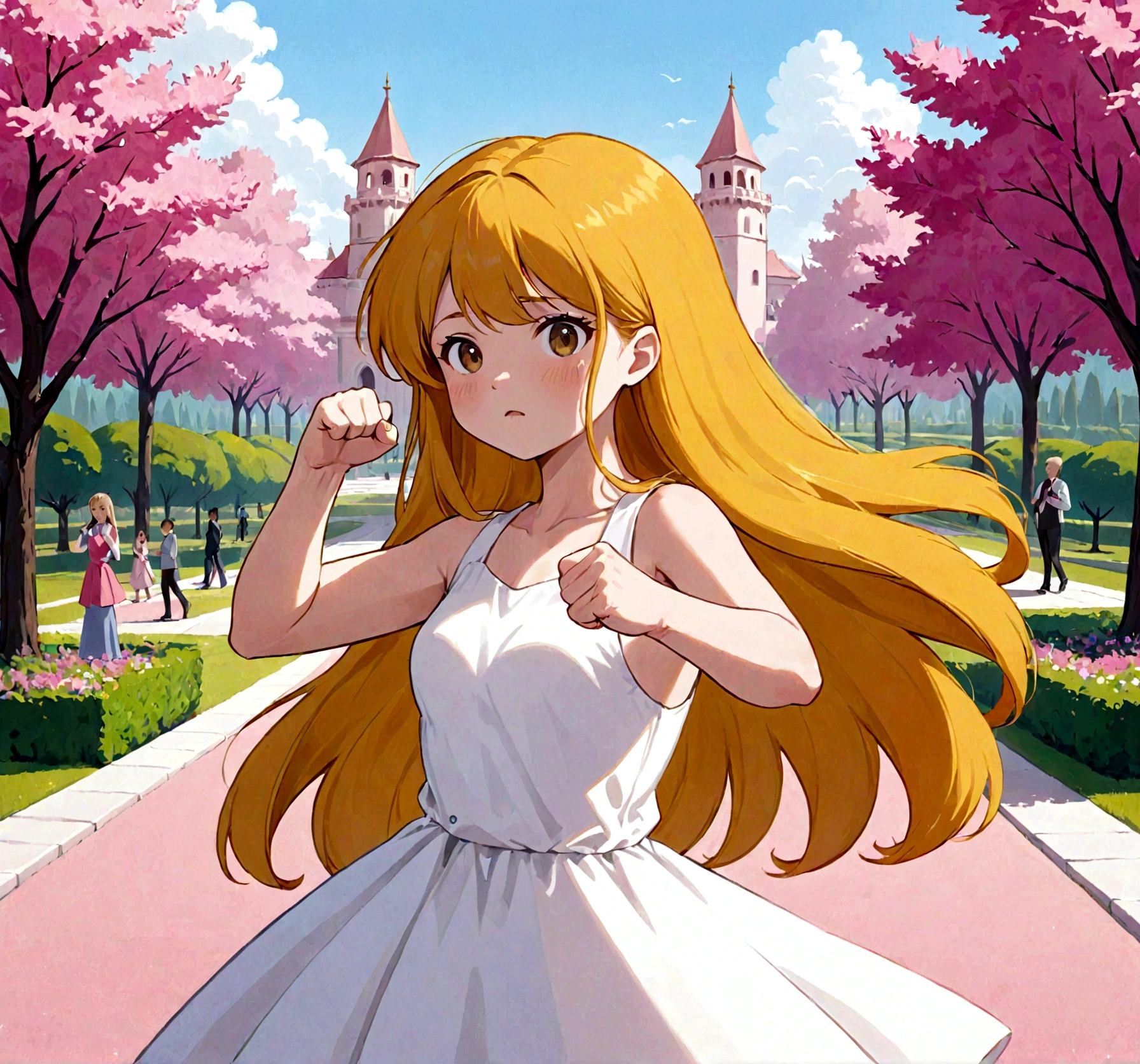 A girl with long, straight beige hair in a white dress doing a fist pump　The background is a pink park