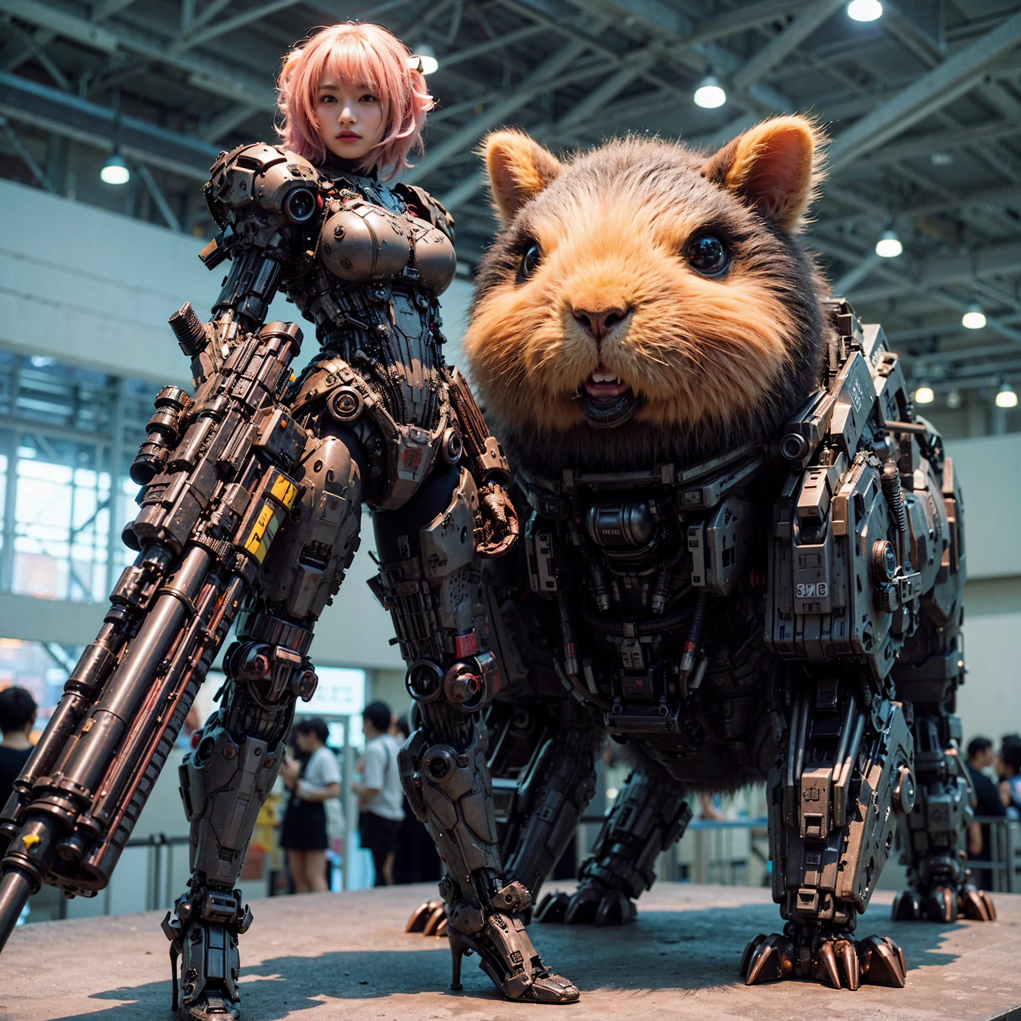 ultra high res,8k,(Photorealsitic:1.4), (beast-like animal wear:1.2), designed by Hajime Katoki,heavy weapons,vivid textures,animal legs, (pink hair), japanese female soldier,(ultra beautiful face),((super realistic all textures)), ((super intricate all details)), full body shot, ultra sharp photo result, Acrylic Clear Cover, Hydraulic cylinder, style, taken with Fuji film X-T30+Nokton. HDR10,Minimum of 4 pieces created