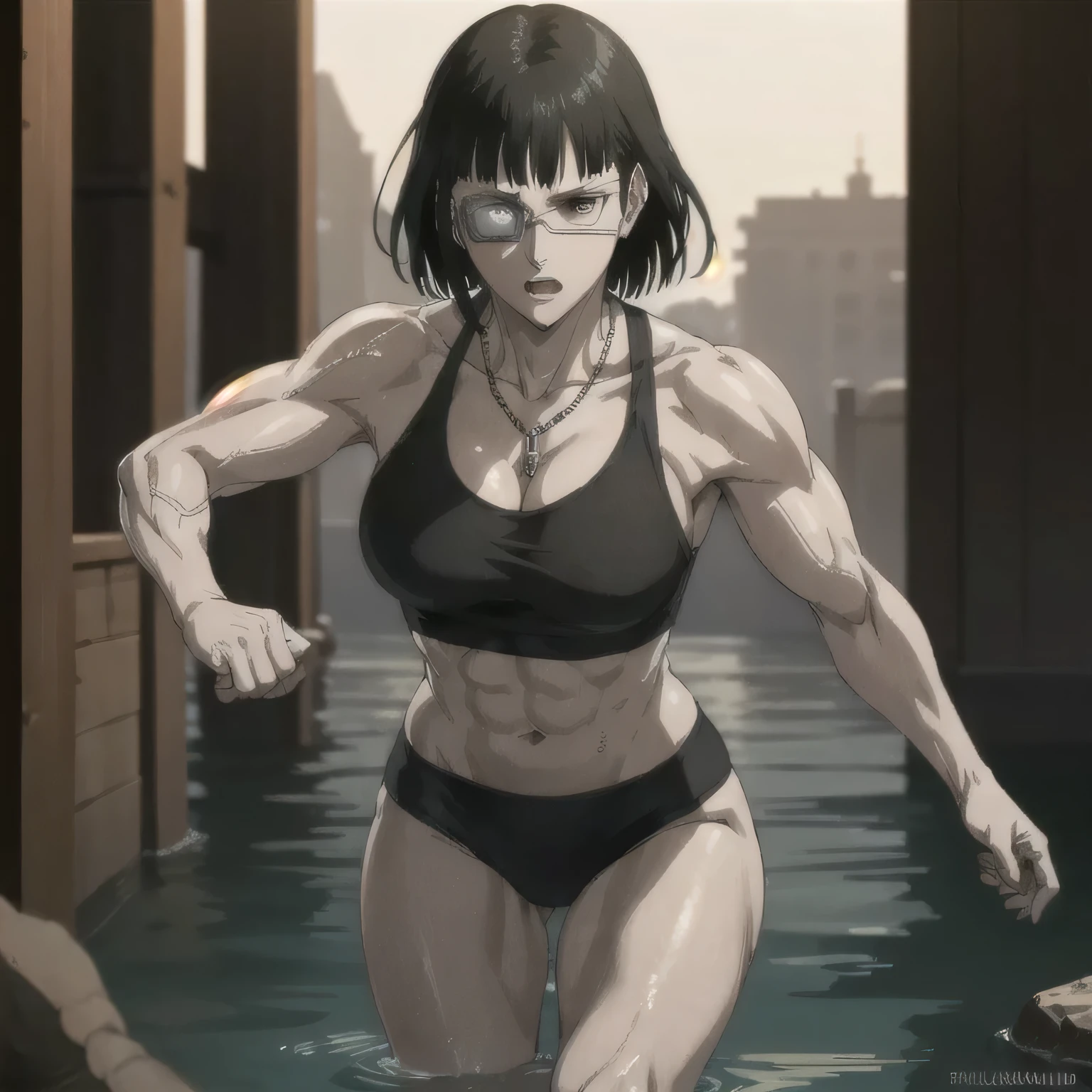 (best quality,ultra-detailed,realistic:1.37),musclaur badass girl with sculpted body with preview her musclaur body and six-pack, full review of the female character's face and body, intense expression,studio lighting, vivid colors, physiologically-based rendering, grungy texture, rugged background, dust particles in the air, commanding presence, professional, powerful, gritty aesthetics,,Valmet،short hair،tattoos on shoulders,,Shining muscles, muscle protrusion,wearing military male black underwear and midriff tank top,necklace,Valmet have a sex muscles,eyepatch,penis,penis growth inside underwear,penisQuiron,wet body,veins,fighting position,wet clothes,white skin,water dropped on body,Shining skin,Swim on a river