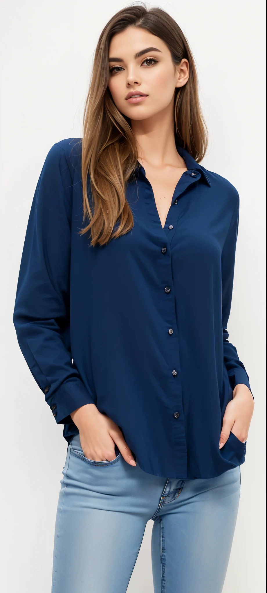 a woman wearing a blue camisa and jeans, dark blue camisa, navy camisa, blue camisa, button - up camisa, blusas largas, button up camisa, collared camisa, Vestindo uma blusa, camisa, mangas bufantes, blue tunic, velvia, wearing in camisa, centre image, wearing a dark camisa and jeans, mangas compridas, roupas azuis