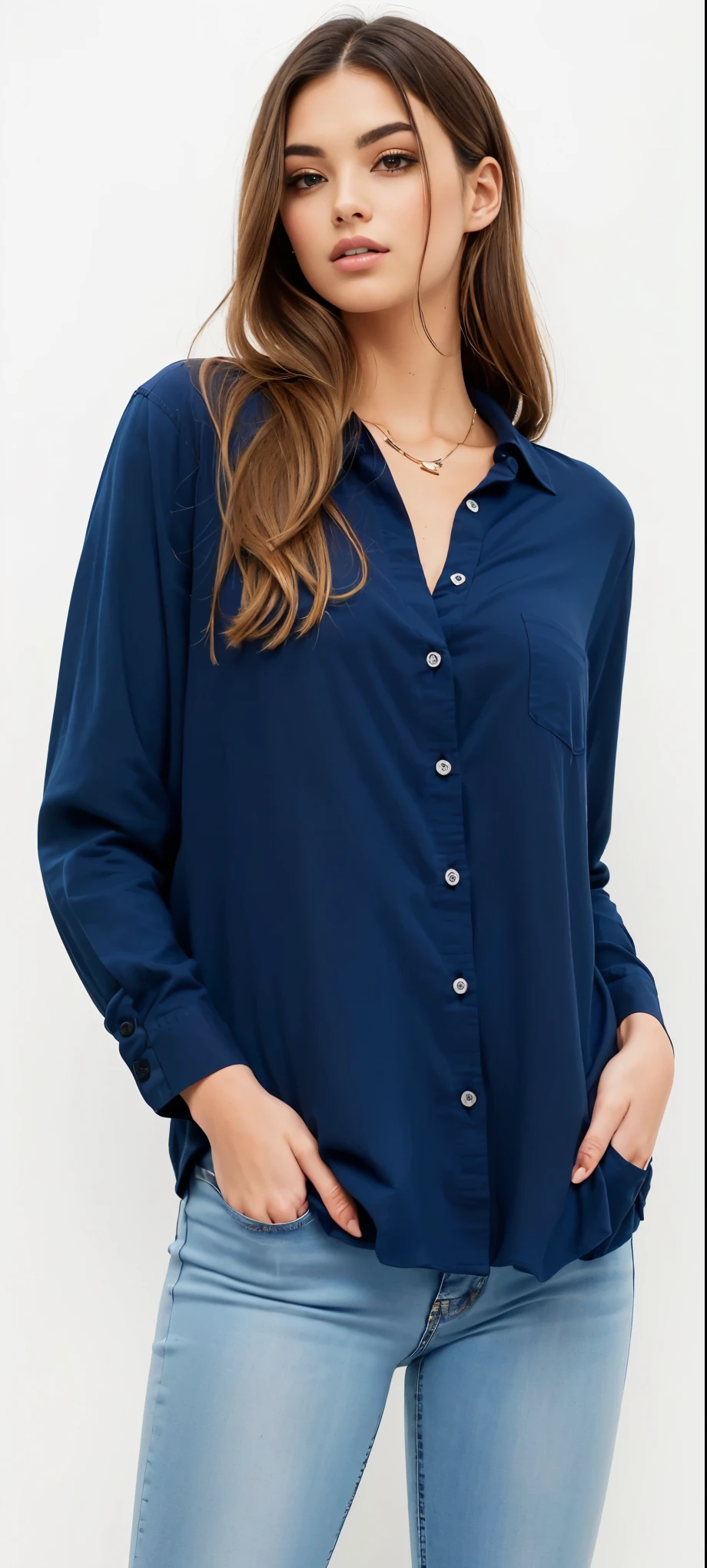 a woman wearing a blue camisa and jeans, dark blue camisa, navy camisa, blue camisa, button - up camisa, blusas largas, button up camisa, collared camisa, Vestindo uma blusa, camisa, mangas bufantes, blue tunic, velvia, wearing in camisa, centre image, wearing a dark camisa and jeans, mangas compridas, roupas azuis