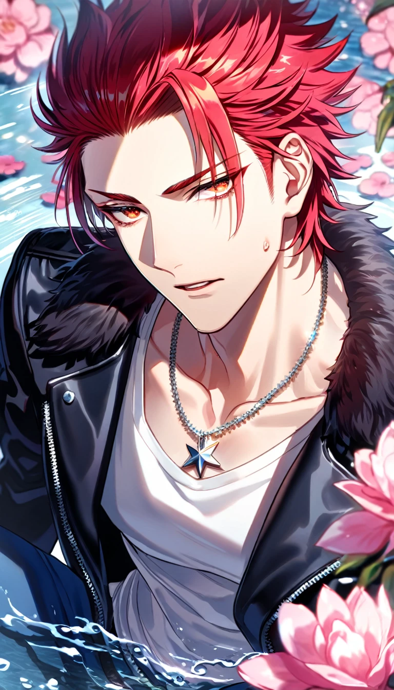 (absurdres, highres, ultra detailed, HDR) master piece, best quality, delicated features, Suoh Mikoto, red hair, hair is kept short, ruffled, slicked back and spiked, with two strands of hair near the opposite sides of his head falling over his face, expressive amber eyes, K Project, solo, sexy man, handsome, toned chest, black leather jacket with a fur collar, a white V-neck shirt underneath, blue jeans, sitting, silver star-shaped necklace, water, blossoms, pink butterflies, pink flowers