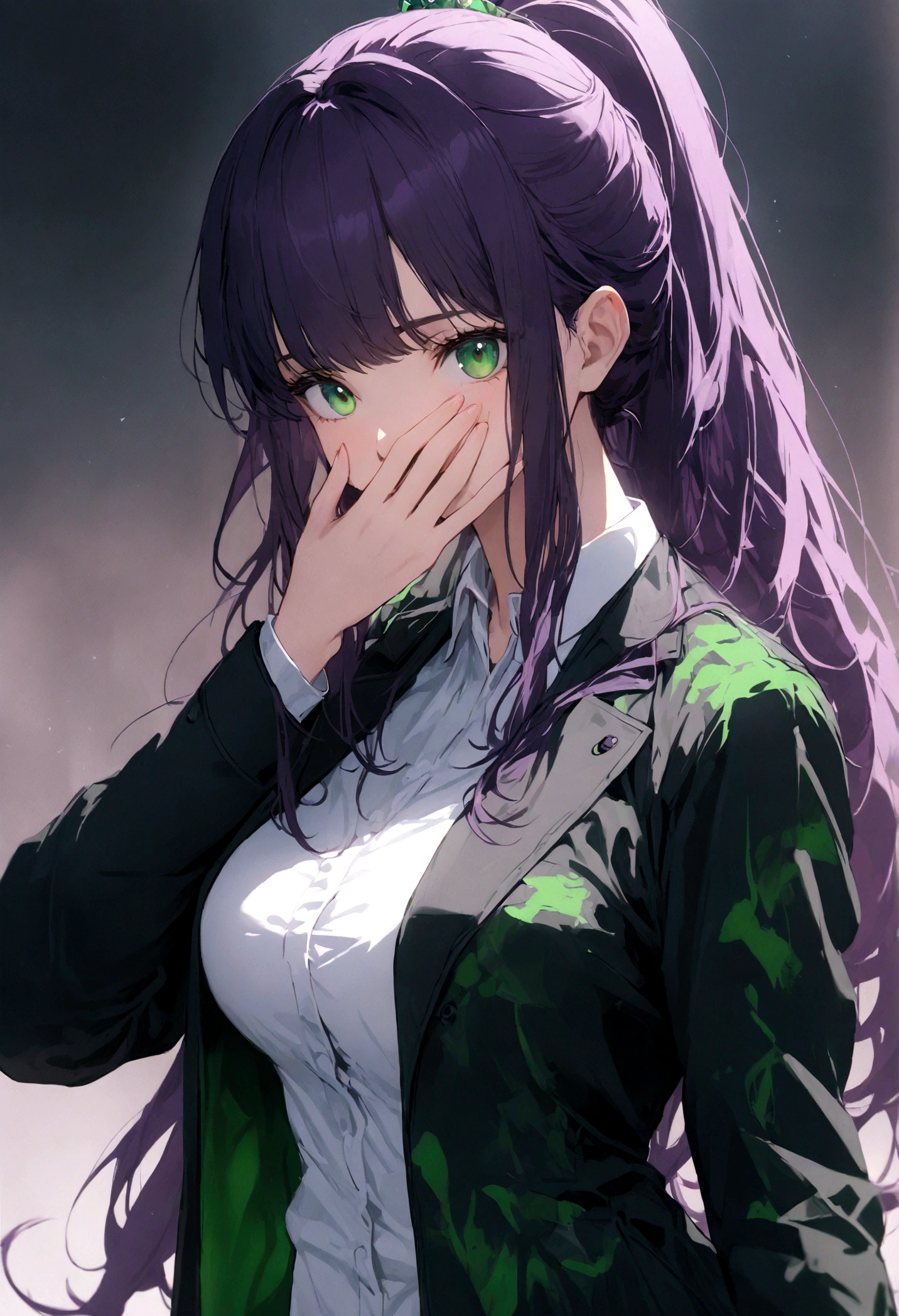 young woman, long straight dark purple hair, high ponytail, few strands of hair framing her face, sharp emerald green eyes,black jacket, white shirt, large breast, cowboy shot