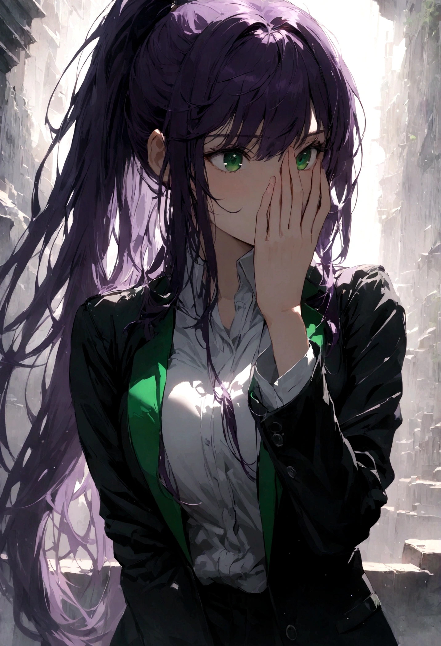 young woman, long straight dark purple hair, high ponytail, few strands of hair framing her face, sharp emerald green eyes,black jacket, white shirt, large breast, cowboy shot