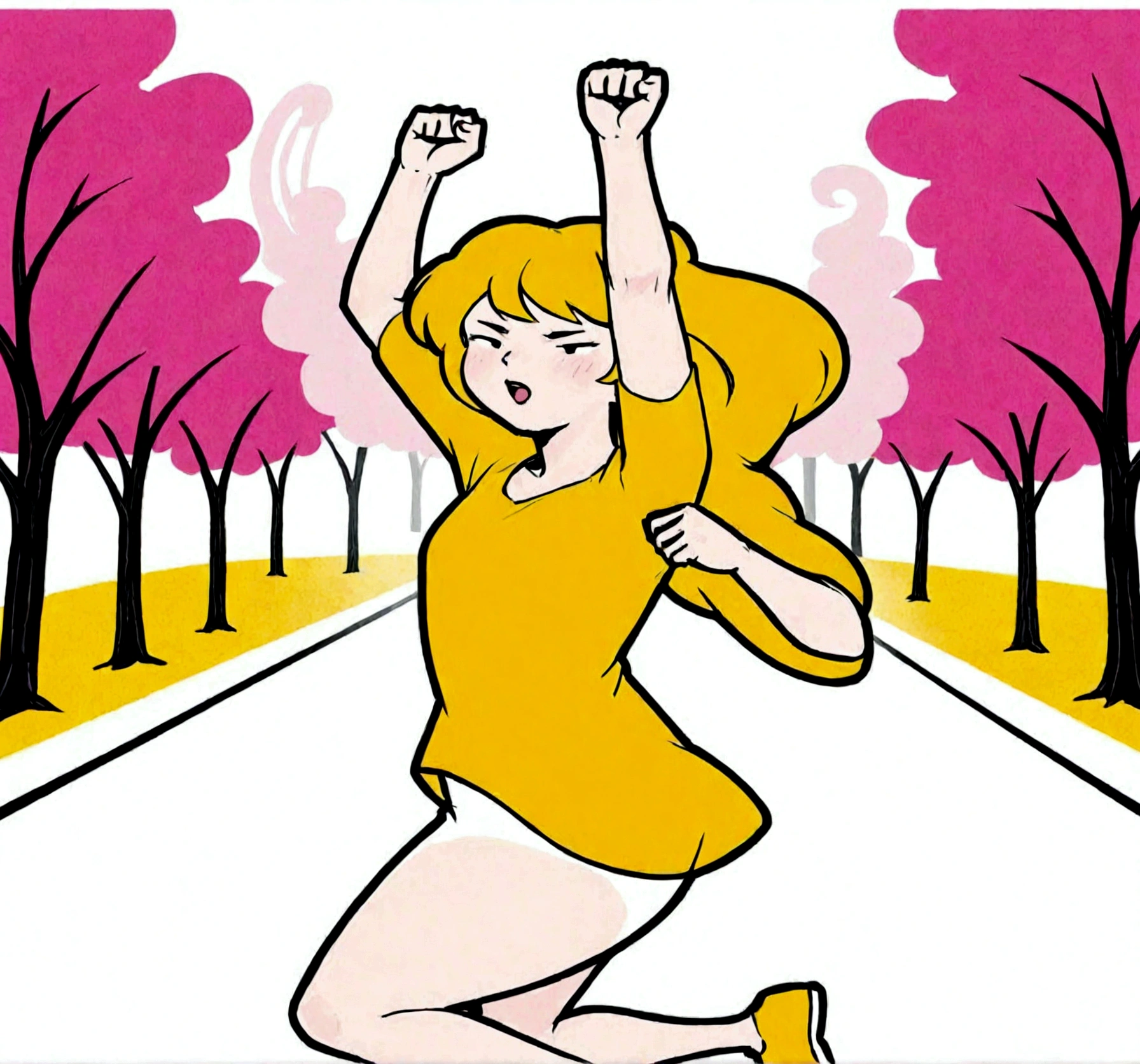 A girl with long, straight beige hair in a white dress doing a fist pump The background is a pink park