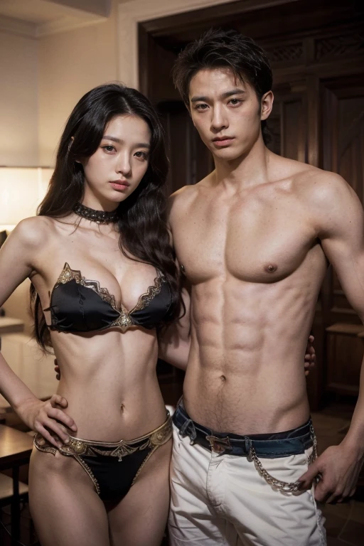 A young female student and a young man in a romance ,Belly dancer，Slender long legs，Cleavage，Abdominal muscles，Tense atmosphere