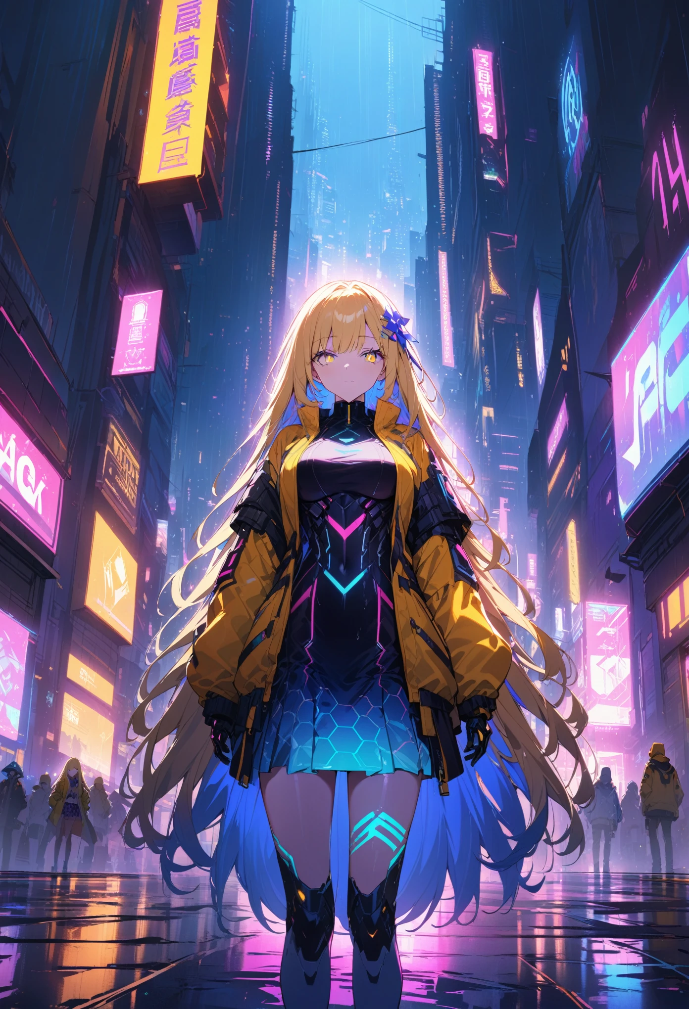 night, Colorful cyberpunk city background, rain, street, (very long hair:1.5), blonde hair, blue hair highlights, red bangs, yellow bangs, shining eyes, (multicolored eyes:1.5), blue eyes, yellow eyes, large breasts, colorful (white jacket:1.5), futuristic jacket, (hexagon-pattern skirt:1.5), smug, smirk, black, backlight, glow, Find an audience, low angle shot, Looking up at the camera, perfect composition, Perfect light and shadow, 8K