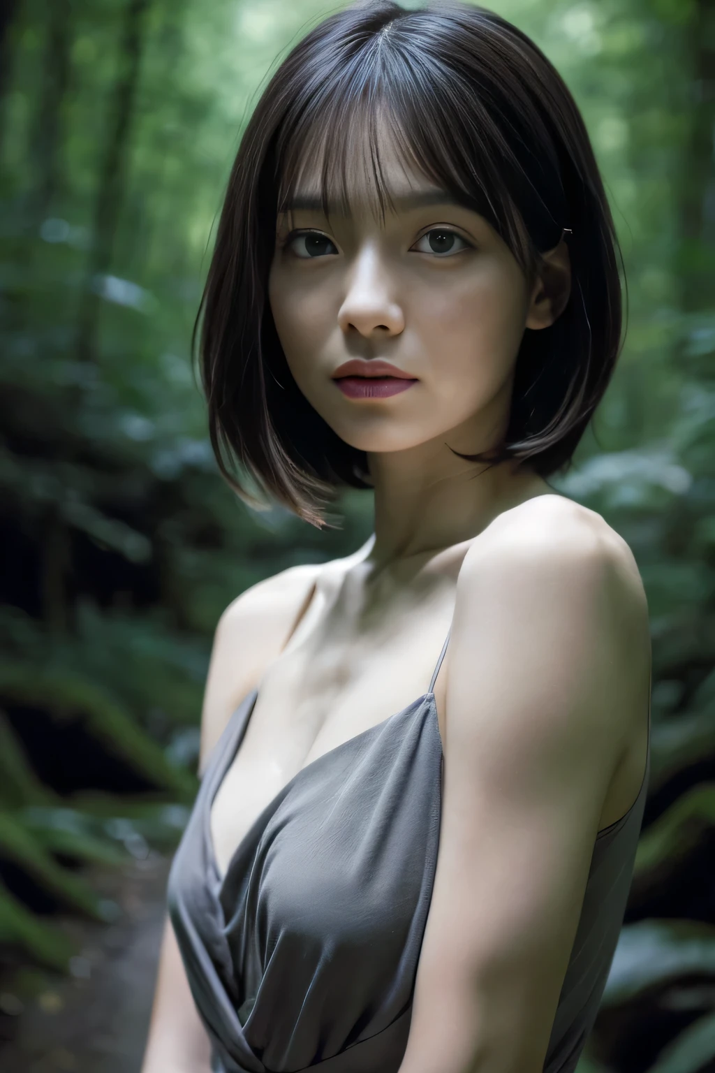 (masterpiece,High resolution,high quality,16k),(Beautiful and realistic Japan people、Beautiful girl in a gray dress standing in a dark forest), Magnificent style, Octane Rendering, Spooky Forest, Beautiful Face, Surreal, Son of God:1.3, realism, masterpiece, Art at its finest., Clear Eyes,Short Bob、Perfect Anatomy、Beautiful body、Beautiful Skin、