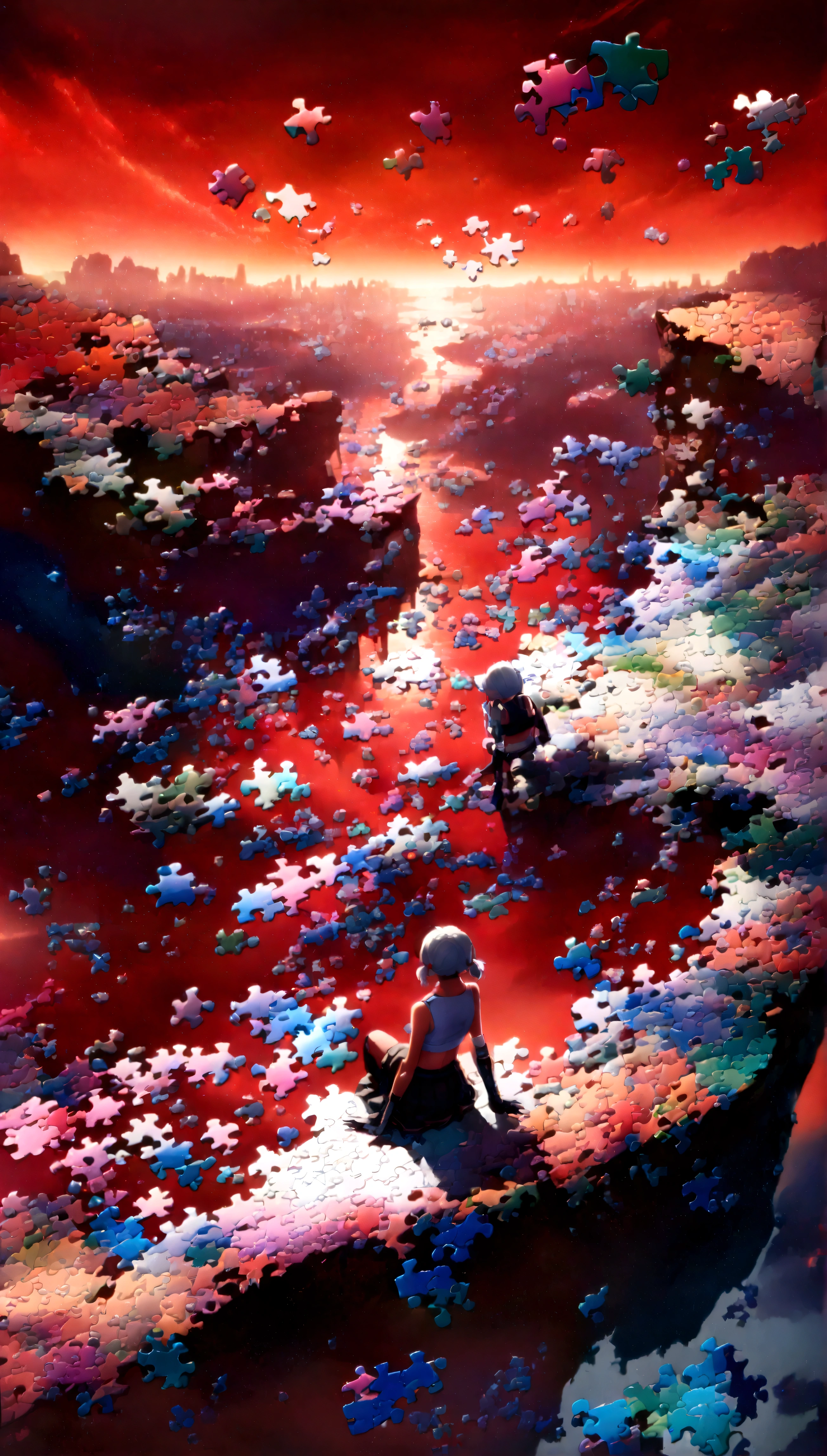 quality,(masterpiece:1.9),(details),((,best quality,)),//,(red theme:1.4),(red sky:1.7),(warning signal:1.2),cityscape,focus on sky,horizon,(,broken glass,broken sky:1.3),landscape,surreal elements,glitch,error message,(error,error data code:1.3),(glitch effect:1.3),(cyberpunk:1.5),shards,(puzzle:2.0),glass,broken glass,clear glass,shards of glass,broken glass shards,reflection,one girl,(sitting on edge of cliff),from behind,aerial view,,(short pigtails),(white hair:1.3),(crop top, gloves, skirt),(wide shot:1.4),mid shot