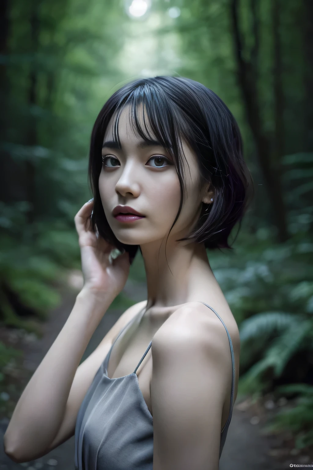 (masterpiece,High resolution,high quality,16k),(Beautiful and realistic Japan people、Beautiful girl in a gray dress standing in a dark forest), Magnificent style, Octane Rendering, Spooky Forest, Beautiful Face, Surreal, Son of God:1.3, realism, masterpiece, Art at its finest., Clear Eyes,Short Bob、Perfect Anatomy、Beautiful body、Beautiful Skin、