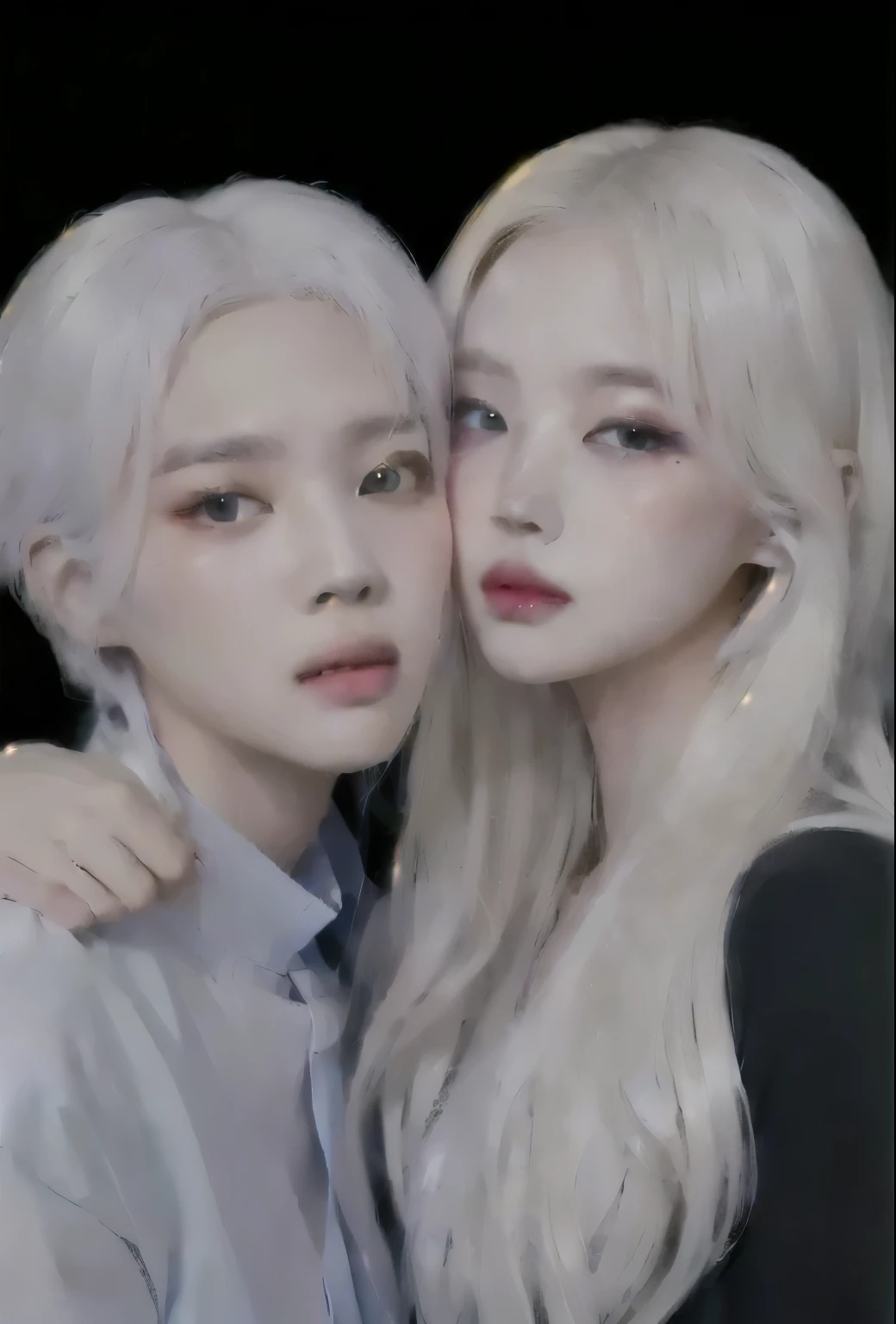 couple of siblings a man and a woman on the right young people with white hair and natural pink lips posing for a photo., artwork in the style of Guweiz, inspirado en Yanjun Cheng, postura de pareja, in the Estilo de Arte of bowater, realism artistic style, realistic art style, loish y wlop, inspirado en jeonseok lee, Guweiz, Fotorrealista!!!!!!! Estilo de Arte, ambos con un traje formal azul, traje de oficina, corbata y saco azul oscuro