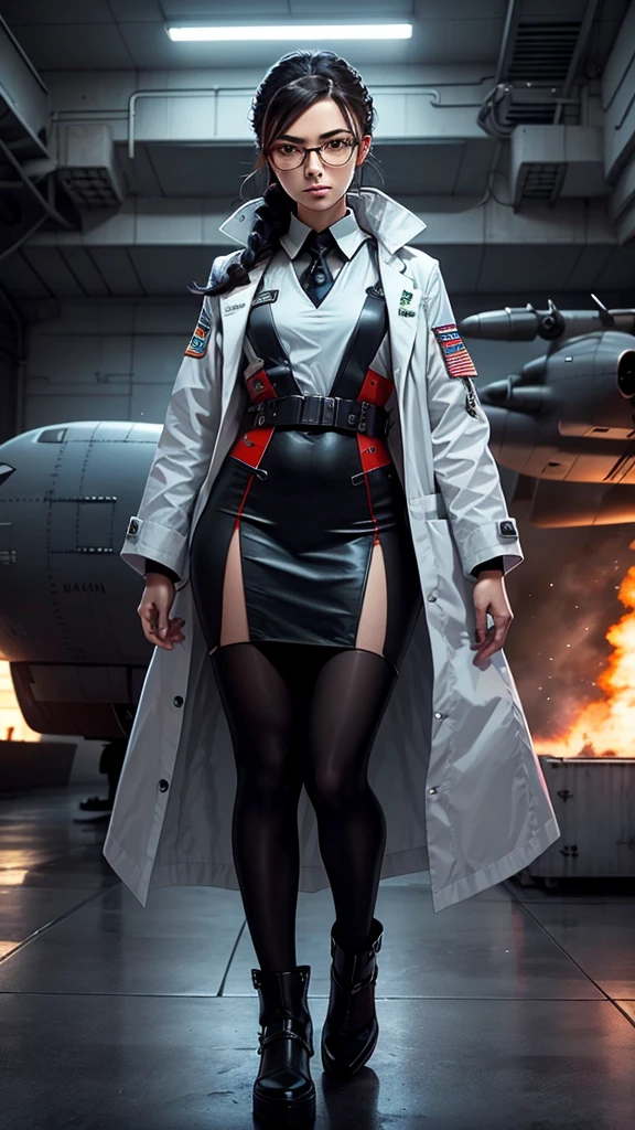 high definition,woman,small size,black hair,double braid hairstyle,bang bang,green eyes,red glasses,in formal dress,uniform,white coat,dark expression,warship,ship aircraft carrier, futuristic, science fiction, warplane, space, war