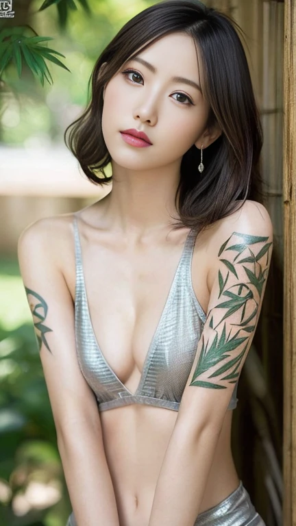 Anime-style woman, thin, thin, whole body, Full of tattoos, Lots of earrings, Beautiful and shiny hair, Rainbow Eyes, Slanted Eyes, Wavy silver hair, Kind and charming, shoulderを露出させる, Delicate and sexy collarbone, Attractive oval face, double eyelid, Pink Lips, Small Nose, Concentrated face, Ultra-high resolution, Very detailed, Graceful posture, Nice, ultra-thin,arm，shoulder，chest，Body paint with a young bamboo green Maora pattern tribal tattoo on the genitals, Glowing Skin, Realistic Background, sunlight