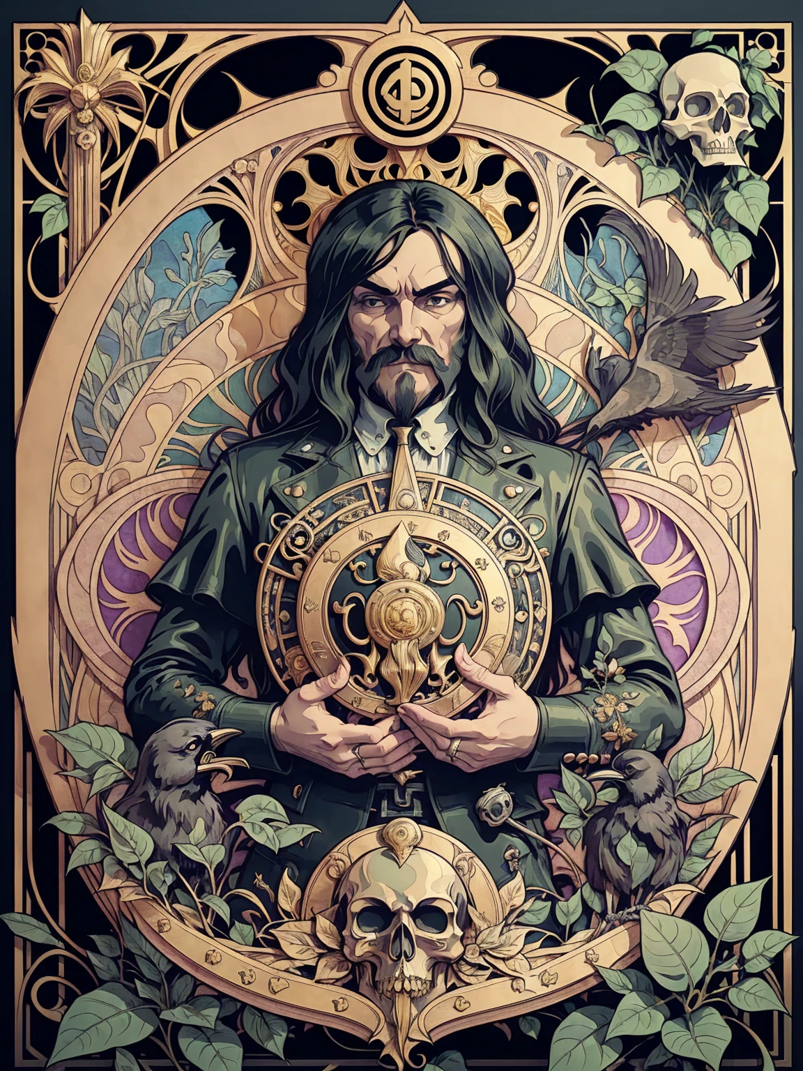 ((Art Nouveau Style)); Lemmy Kilmister as the King of Spades; gold flower, ravens, plant, skull, black flower; symmetrical with thick lines, Fibonacci, golden ratio, 3D metal structure tessellation, neural graphic, neurons, color, love, passion, incredibly detailed, 8k, masterpiece, artstation, surreal
