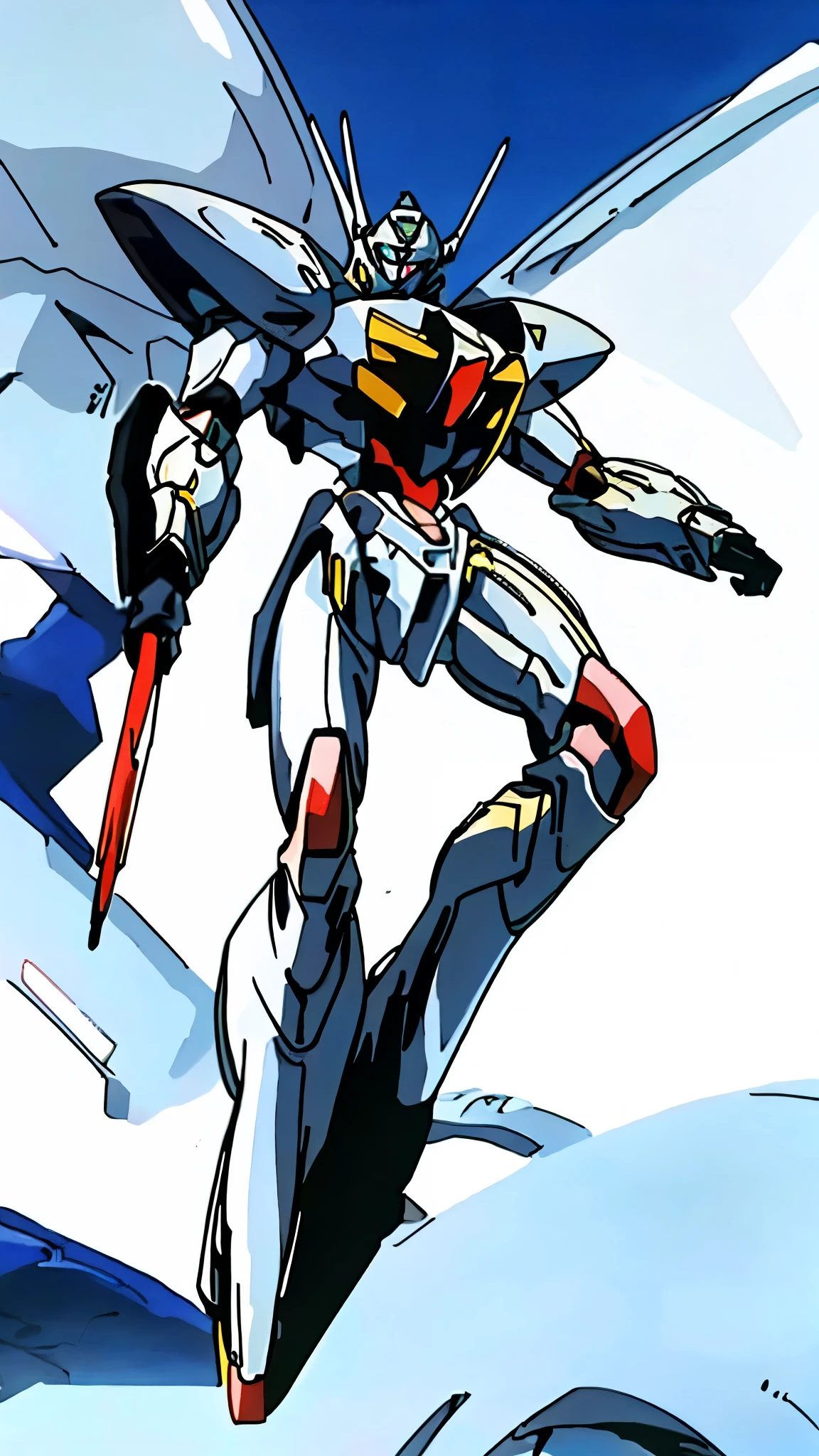 Humanoid Mecha, fully enclosed shoulder guards, matching arm and leg guards, full body, full armor, the design balances heavy with agility, (the color scheme is primarily white with red and blue accents, the concept Inspired by Super robot, organic biotech armor, standing, floating high above the futuristic sci-fi city), exquisite and mature art style, (aura effect, energy, glowing eyes, the armor glows), ((SRS)), metallic, dynamic, dramatic, high definition, best quality, highres, ultra-detailed, ultra-fine painting, extremely delicate, professional, perfect body proportions, anatomically correct, symmetrical face, extremely detailed eyes and face, high quality eyes, creativity, RAW photo, UHD, 32k, Natural light, cinematic lighting, masterpiece-anatomy-perfect, masterpiece:1.5