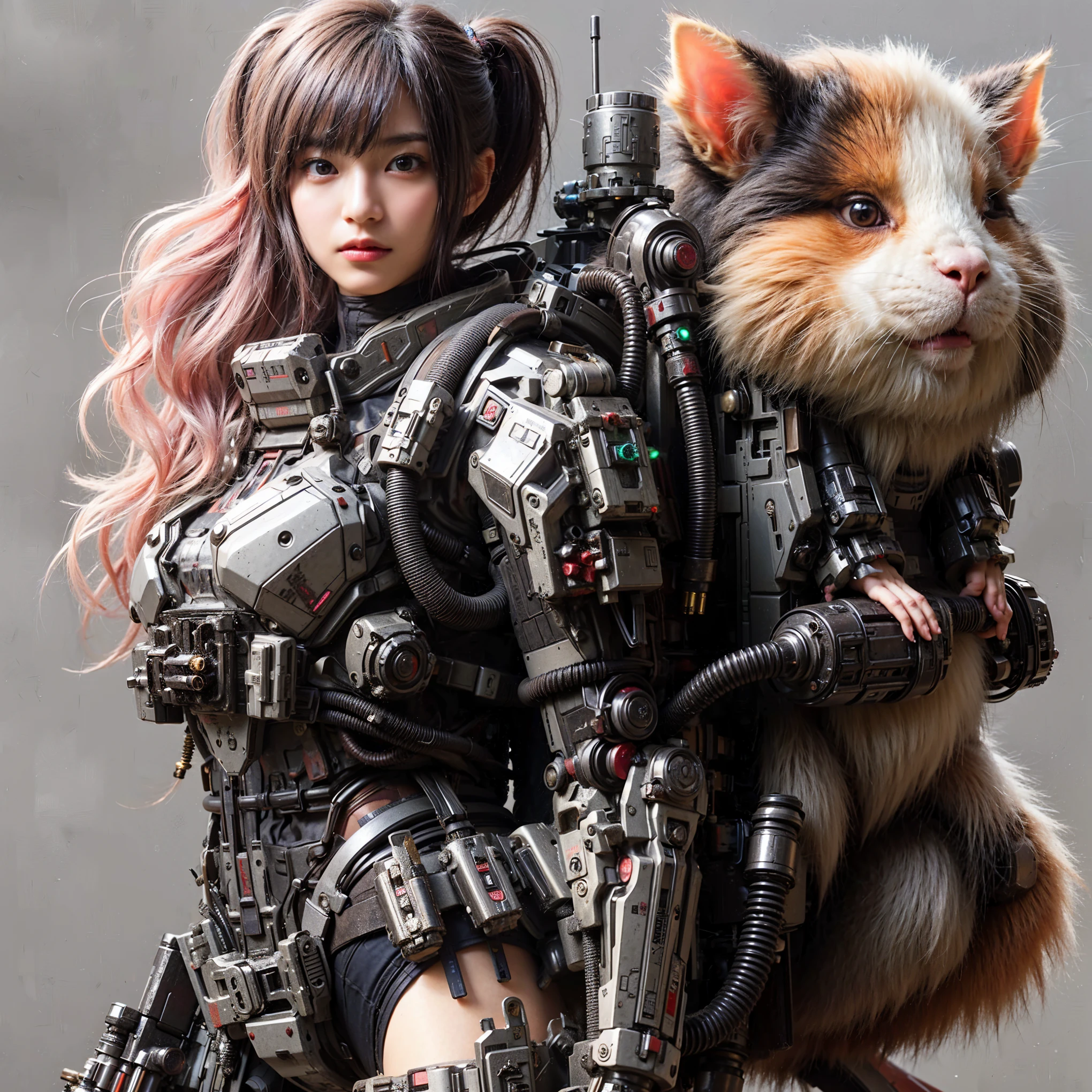 ultra high res,8k,(Photorealsitic:1.4), (beast-like animal wear:1.2), designed by Hajime Katoki,heavy weapons,vivid textures,animal legs, (pink hair), japanese female soldier,(ultra beautiful face),((super realistic all textures)), ((super intricate all details)), full body shot, ultra sharp photo result, Acrylic Clear Cover, Hydraulic cylinder, style, taken with Fuji film X-T30+Nokton. HDR10,Minimum of 4 pieces created