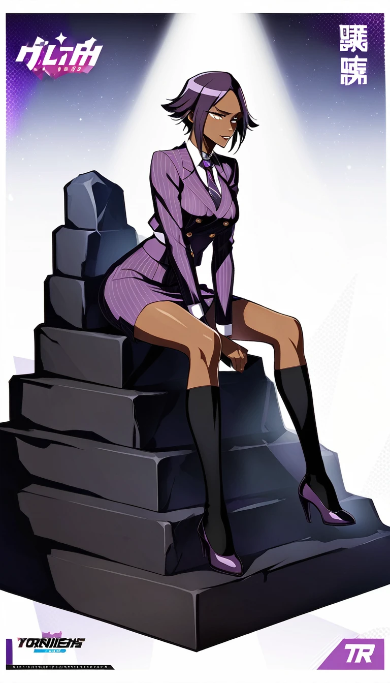  Full body Yoruichi as a thin Black business woman in a double breasted pinstripe purple  skirt suit while wearing a tie with a very long purple pinstripe skirt that covers the legs and with long black knee socks full art and make her sit down also give her thin legs and purple heels