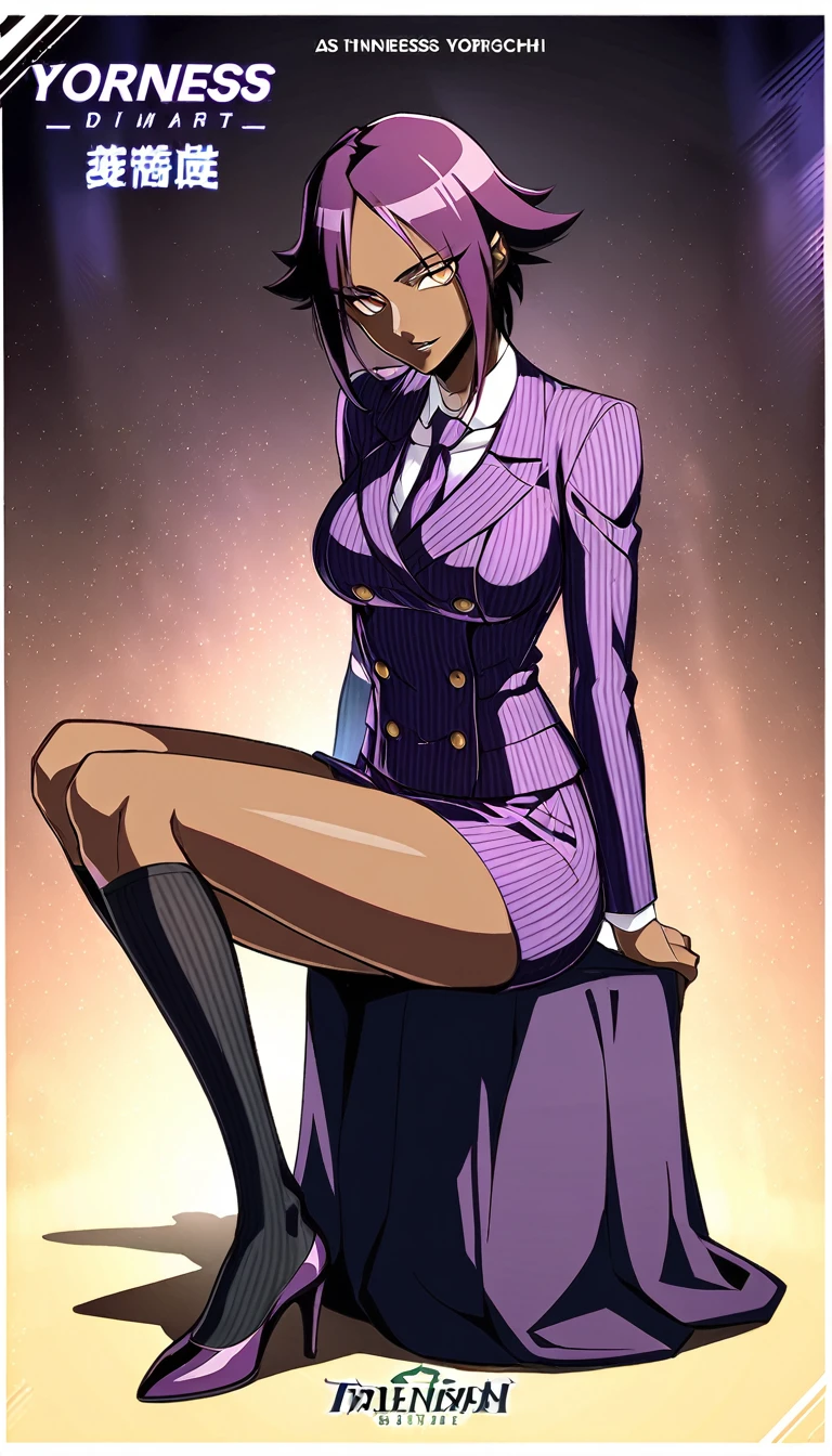  Full body Yoruichi as a thin Black business woman in a double breasted pinstripe purple  skirt suit while wearing a tie with a very long purple pinstripe skirt that covers the legs and with long black knee socks full art and make her sit down also give her thin legs and purple heels