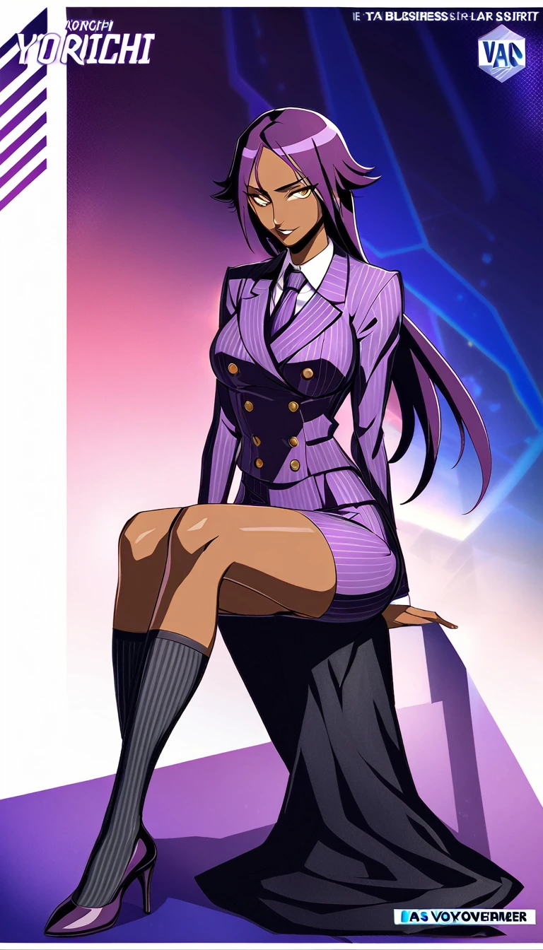  Full body Yoruichi as a thin Black business woman in a double breasted pinstripe purple  skirt suit while wearing a tie with a very long purple pinstripe skirt that covers the legs and with long black knee socks full art and make her sit down also give her thin legs and purple heels