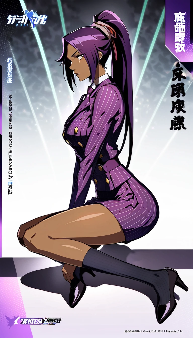 Full body Yoruichi as a thin Black business woman in a double breasted pinstripe purple skirt suit while wearing a tie with a very long purple pinstripe skirt that covers the legs and with long black knee socks full art and make her sit down also give her thin legs and purple heels