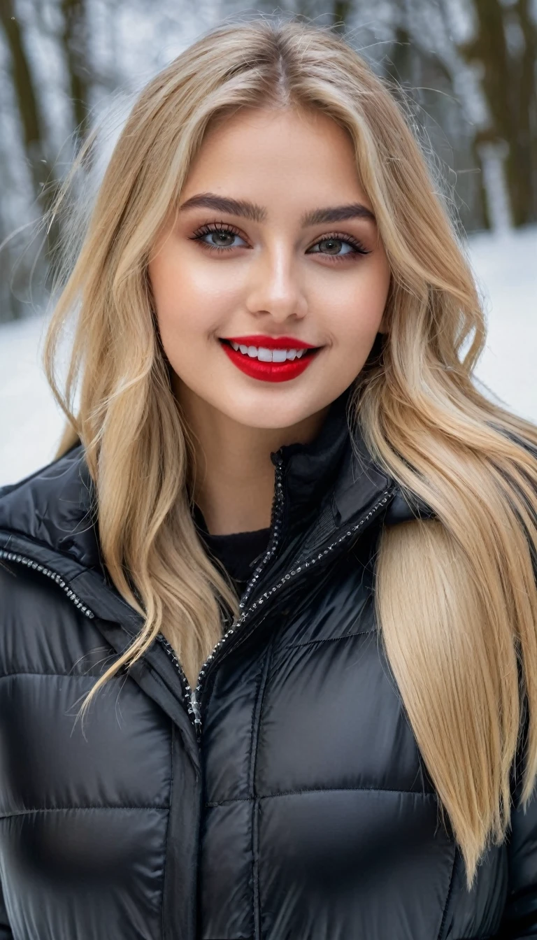 hyperrealistic beautiful busty 19-year-old woman with long legs wearing casual winter outfit with shiny black puffer coat, model shooting full body photography, bleached blonde very long straight hair, soaky wet skin, dark eye makeup with eyeliner, seductive smile, red lips, 8K, Best quality, Meisterwerk, ultra high resolution, (Realismus: 1.4), Originalfoto, (realistische Hautstruktur: 1.3), (Filmkorn: 1.3), (Selfie-Winkel), 1 girl, Beautiful round hazel eyes and facial details, Meisterwerk, Best quality, outdoor photography