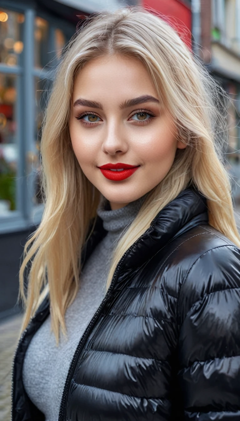 hyperrealistic beautiful busty 19-year-old woman with long legs wearing casual winter outfit with shiny black puffer coat, model shooting full body photography, bleached blonde very long straight hair, soaky wet skin, dark eye makeup with eyeliner, seductive smile, red lips, 8K, Best quality, Meisterwerk, ultra high resolution, (Realismus: 1.4), Originalfoto, (realistische Hautstruktur: 1.3), (Filmkorn: 1.3), (Selfie-Winkel), 1 girl, Beautiful round hazel eyes and facial details, Meisterwerk, Best quality, outdoor photography
