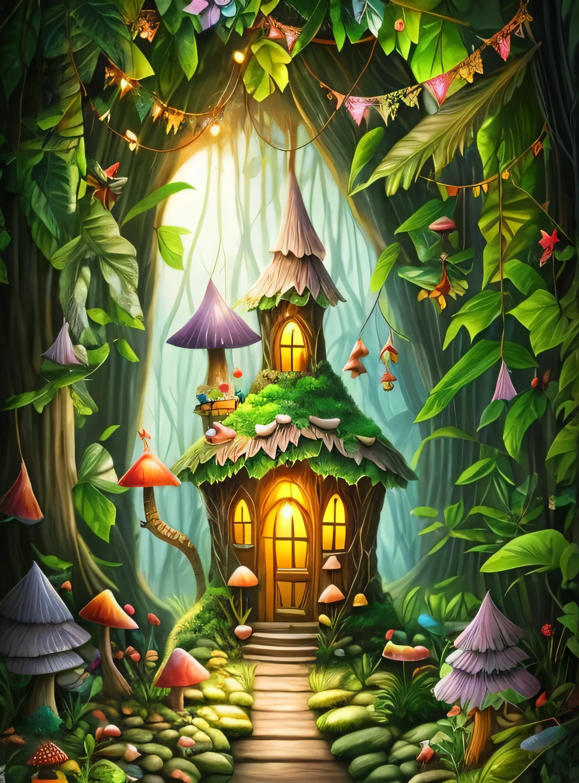 Close-up of fairy house，There is a path ahead, enchanted Enchanted Jungle, Warm and charming scene, magic wonderland, Immortal Palace, fairy tale kingdom forest, Immortal Palace, magic fairy forest, elves house, mushroom house, fairy forest, mushroom houses, Magical fairy tale background, Enchanted Jungle, enchanted forest, magical village, fairy forest