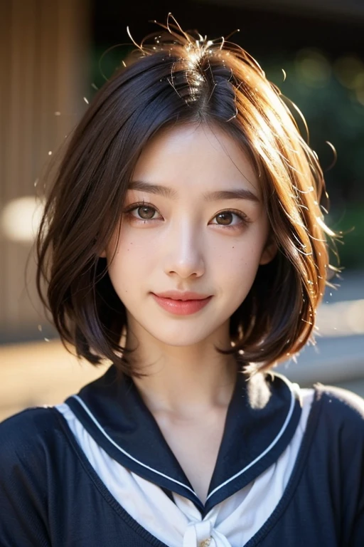 ((8k, highest quality, masterpiece、Realistic、Ultra-high resolution))、((Japanese women))、((黒のShort Hairヘア))、(Small breasts)、((thin thin eyebrows))、(((A mole in the corner of the eye)))、((Face is golden ratio))、smile、Town、((Beautiful Face))、Beautiful Eyes、Delicate face、、Toned waist、(Sailor suit)、((school uniform))、School bag、((Short Hair))、((boyish))、Upper Body