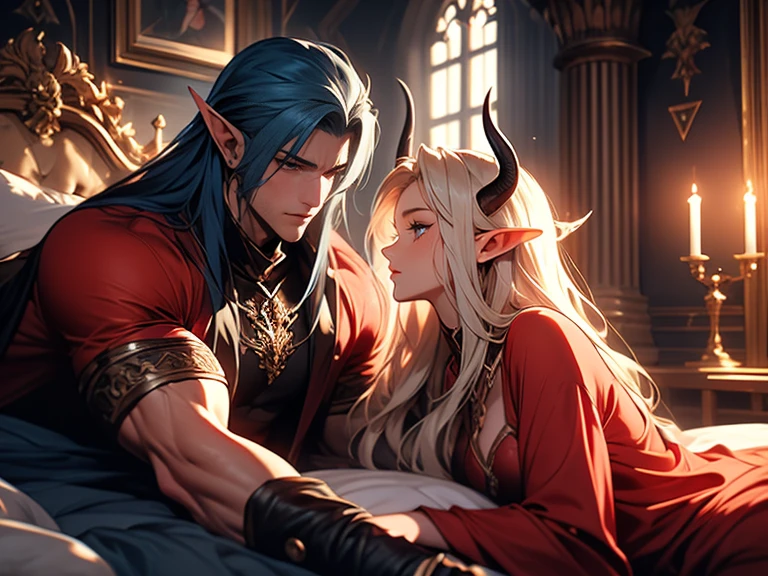 (best quality) (beautiful faces) (medieval castle) (laying in bed) female blond elf, laying between, a male elf with lond black air and red clothes, and a male elf with demon horns and long dark blue hair and big muscles