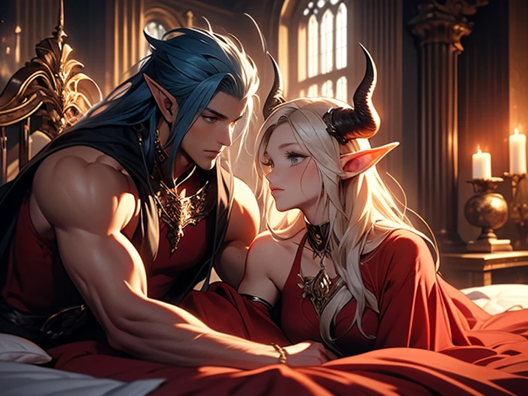 (best quality) (beautiful faces) (medieval castle) (laying in bed) female blond elf, laying between, a male elf with lond black air and red clothes, and a male elf with demon horns and long dark blue hair and big muscles