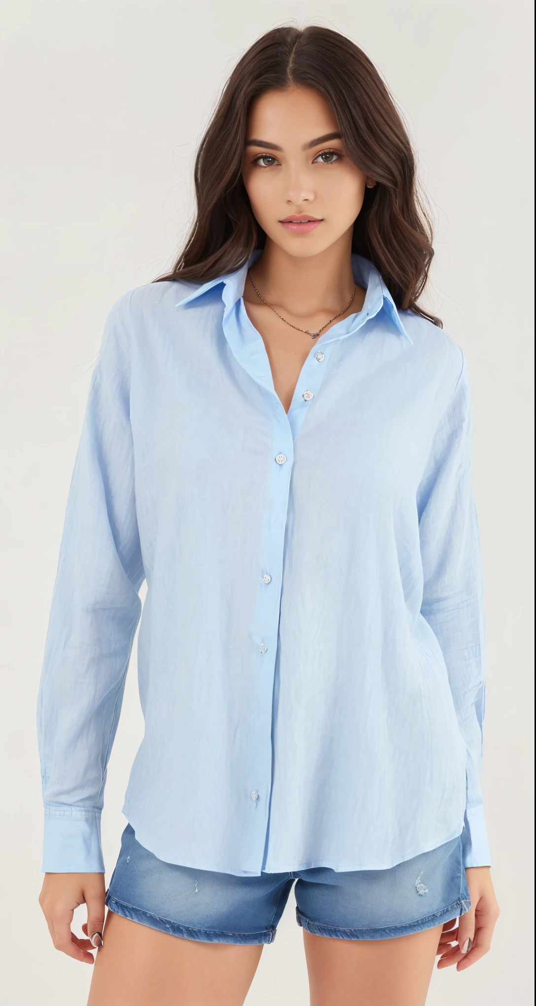 a woman wearing a blue camisa and denim shorts, wearing a linen camisa, wearing a light blue camisa, blusas largas, blue camisa, button up camisa, collared camisa, roupas azuis, wearing a light camisa, sharp details, button - up camisa, detalhes sutis, blue tunic, camisa, summer camisa, basic, long camisa, h 7 0 4