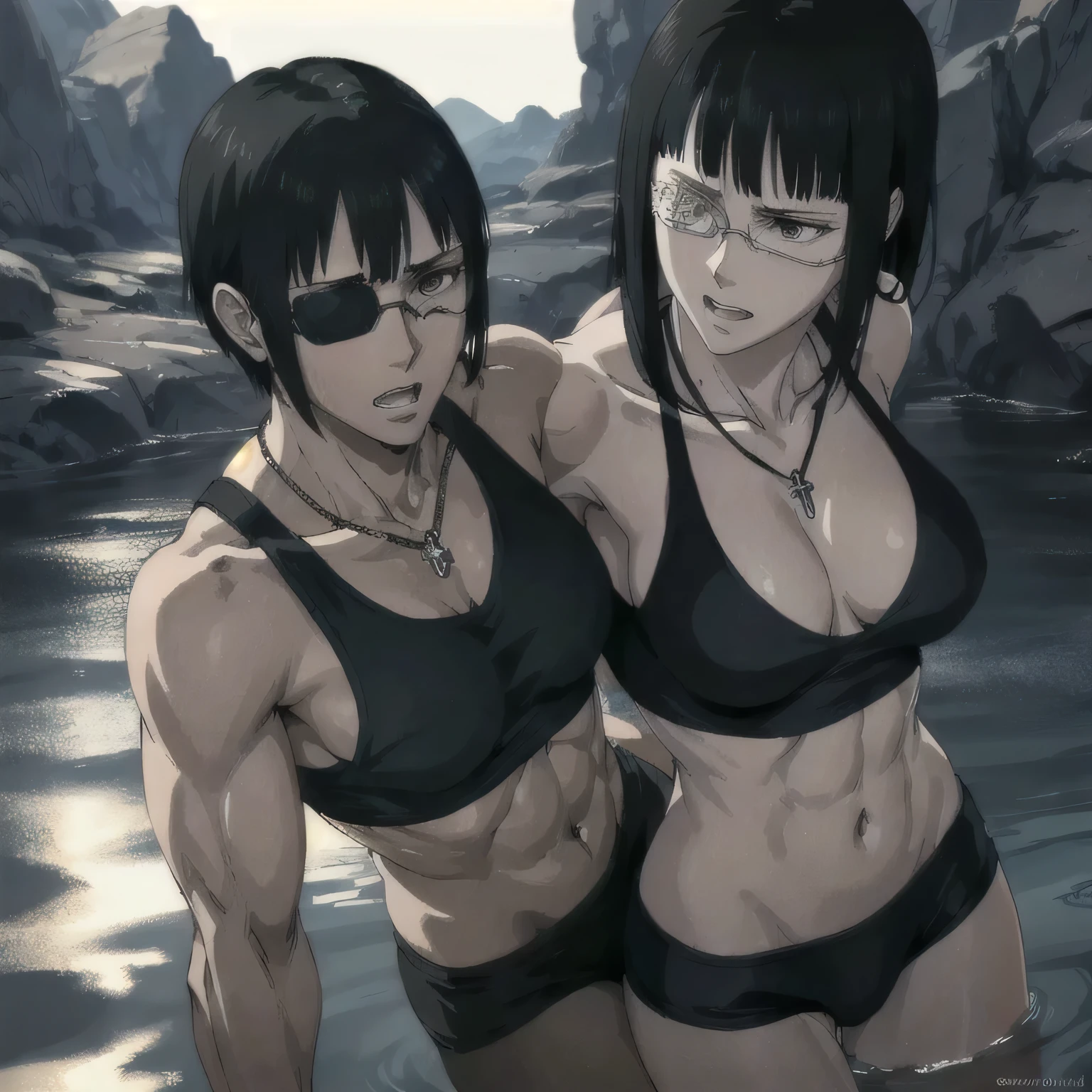 (best quality,ultra-detailed,realistic:1.37),musclaur badass girl with sculpted body with preview her musclaur body and six-pack, full review of the female character's face and body, intense expression,studio lighting, vivid colors, physiologically-based rendering, grungy texture, rugged background, dust particles in the air, commanding presence, professional, powerful, gritty aesthetics,,Valmet،short hair،tattoos on shoulders,,Shining muscles, muscle protrusion,wearing military male black underwear and midriff tank top,necklace,Valmet have a sex muscles,eyepatch,penis,penis growth inside underwear,penisQuiron,wet body,veins,fighting position,wet clothes,white skin,water dropped on body,Shining skin,Swim on a river