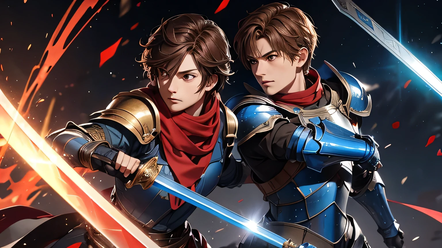 ONE male knight with blue armor, a red scarf and short brown hair, without a helmet, wielding a shield with red and blue pattern and a sword with golden hilt, in battle stance