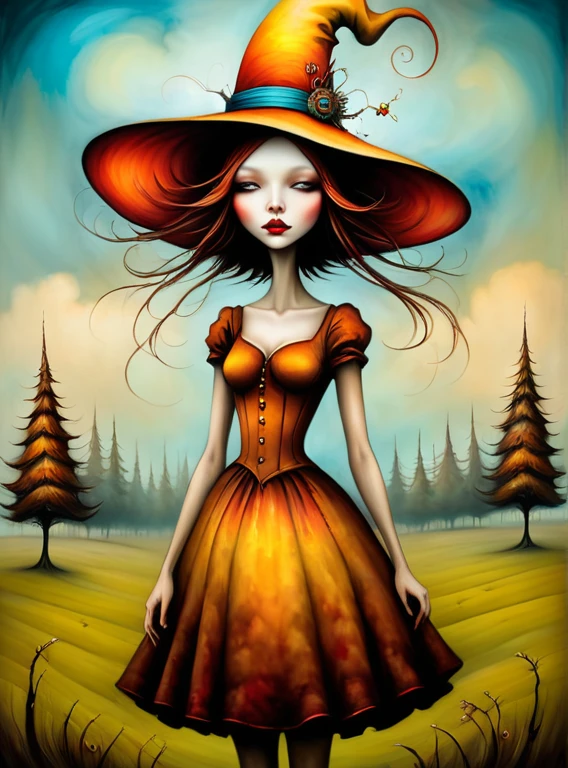 Psychedelic style in the style of esao andrews,esao andrews style,esao andrews art,esao andrewsa girl in a hat is standing in a field of trees, style of esao andrews, inspired by Esao Andrews, esao andrews, esao andrews ornate, inspired by ESAO, benjamin lacombe, andrews esao artstyle, inspired by Brian Despain, earley, by Esao Andrews, anton semenov, julie dillon in the style of esao andrews, esao andrews . Vibrant colors, swirling patterns, abstract forms, surreal, trippy