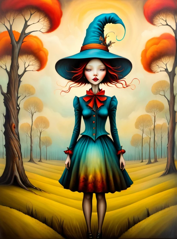 Psychedelic style in the style of esao andrews,esao andrews style,esao andrews art,esao andrewsa girl in a hat is standing in a field of trees, style of esao andrews, inspired by Esao Andrews, esao andrews, esao andrews ornate, inspired by ESAO, benjamin lacombe, andrews esao artstyle, inspired by Brian Despain,  earley, by Esao Andrews, anton semenov, julie dillon in the style of esao andrews, esao andrews . Vibrant colors, swirling patterns, abstract forms, surreal, trippy
