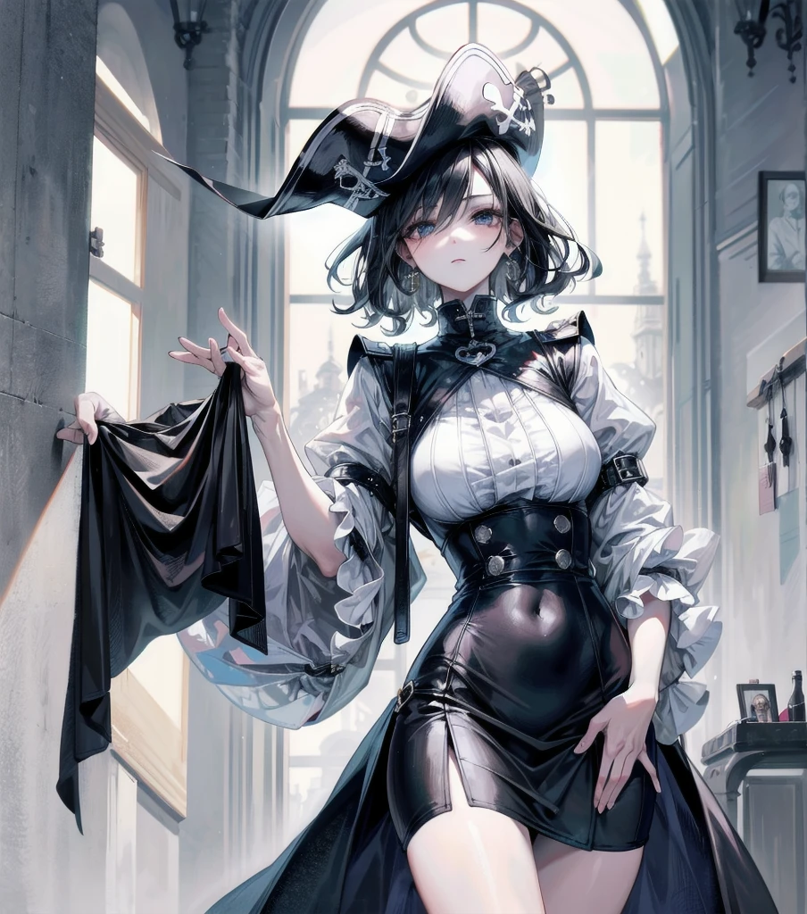 absurdres, RAW photo, extremely delicate, extremely beautiful, masterpiece, Best Quality, ultra high resolution, 32k, hyperrealistic, ultra-detailed description, perfect anatomy, pale skin, 20 years old, detailed beautiful face, detailed beautiful face eyes, tearful mole, earring, short medium hair, wavy hair, black hair, big tits, slim body, narrow waist, whole body, pirate top, short skirt, pirate hat, white shirt,