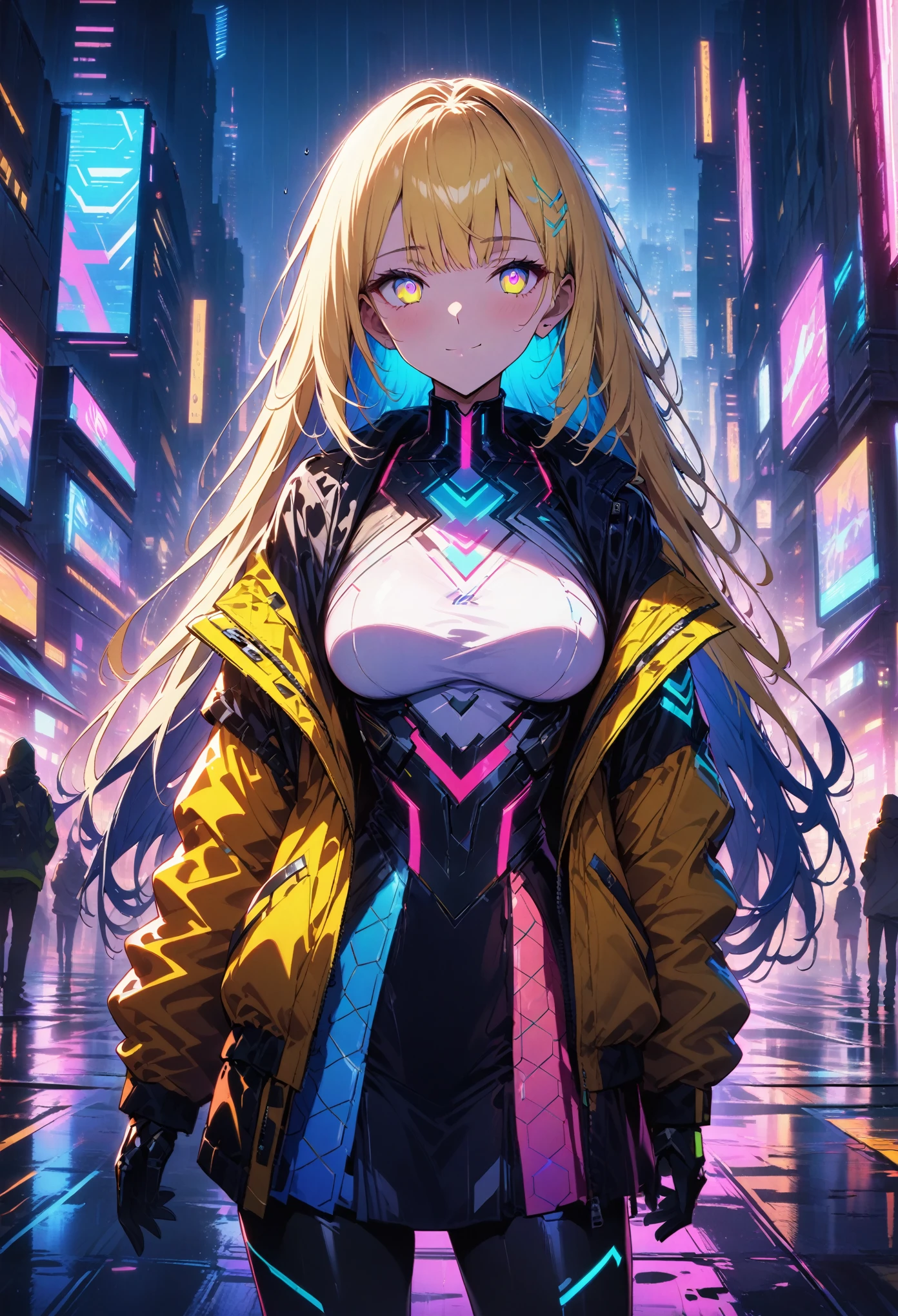 night, Colorful cyberpunk city background, rain, street, very long hair, blonde hair, blue hair highlights, red bangs, yellow bangs, shining eyes, (multicolored eyes:1.5), blue eyes, yellow eyes, large breasts, colorful (white jacket:1.5), futuristic jacket, (hexagon-pattern skirt:1.5), smug expression, smirk, black, backlight, glow, Find an audience, low angle shot, Looking up at the camera, perfect composition, Perfect light and shadow, 8K