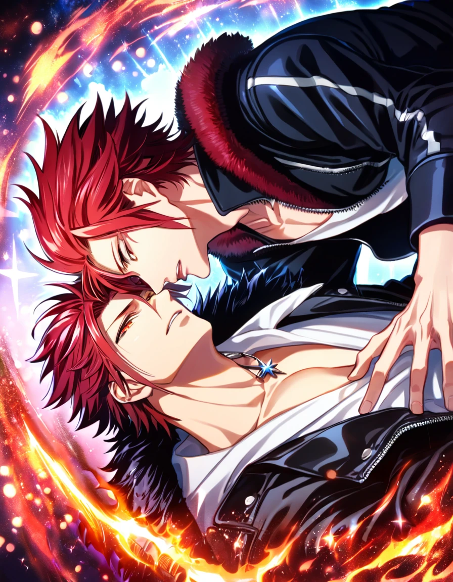 (absurdres, highres, ultra detailed, HDR) master piece, best quality, delicated features, Suoh Mikoto, red hair, hair is kept short, ruffled, slicked back and spiked, with two strands of hair near the opposite sides of his head falling over his face, expressive amber eyes, black leather jacket with a fur collar, a white V-neck shirt underneath, silver star-shaped necklace, K Project, Gojou Satoru, red hair, with bangs, expressive amber eyes, two sexy men together, gay couple, yaoi, handsome, toned chest, black leather jacket, magical fantasy, glittering, sanctuary, red roses, radiant, red sparkling fireflies, flames