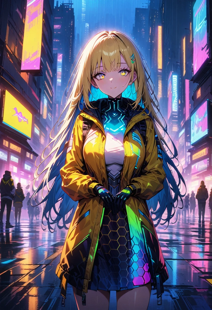 night, Colorful cyberpunk city background, rain, street, very long hair, blonde hair, blue hair highlights, red bangs, yellow bangs, shining eyes, (multicolored eyes:1.5), blue eyes, yellow eyes, large breasts, colorful (white jacket:1.5), futuristic jacket, (hexagon-pattern skirt:1.5), smug expression, smirk, black, backlight, glow, Find an audience, low angle shot, Looking up at the camera, perfect composition, Perfect light and shadow, 8K