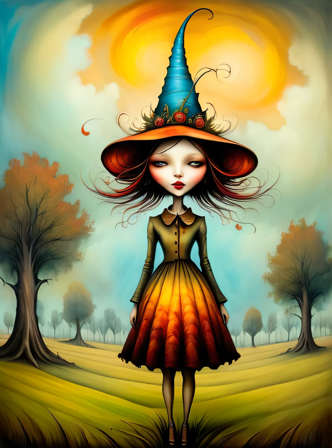 Psychedelic style in the style of esao andrews,esao andrews style,esao andrews art,esao andrewsa girl in a hat is standing in a field of trees, style of esao andrews, inspired by Esao Andrews, esao andrews, esao andrews ornate, inspired by ESAO, benjamin lacombe, andrews esao artstyle, inspired by Brian Despain, earley, by Esao Andrews, anton semenov, julie dillon in the style of esao andrews, esao andrews . Vibrant colors, swirling patterns, abstract forms, surreal, trippy