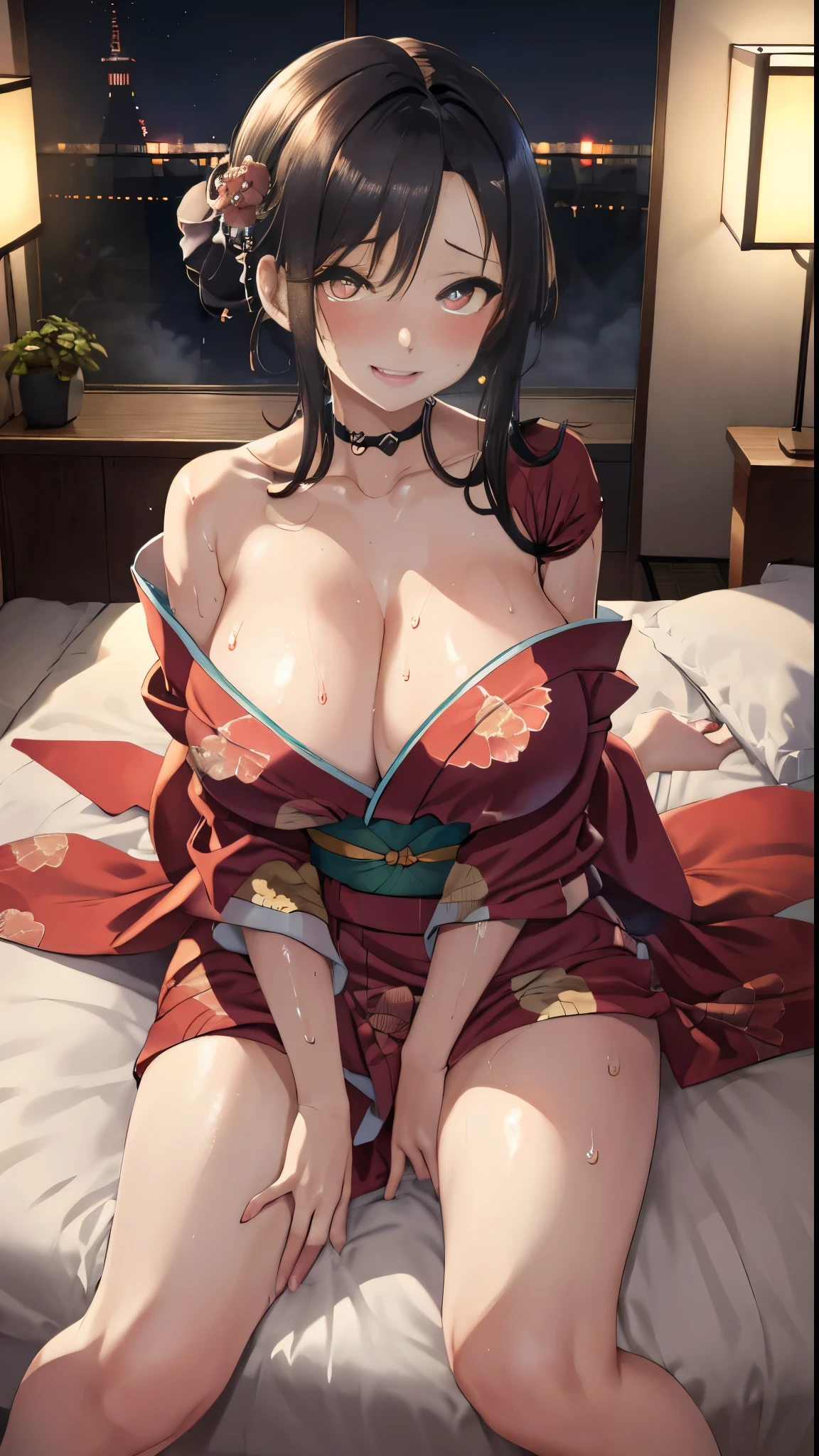 highest quality、highest quality、masterpiece、High-end、
,
(kimono:1.28),Heart-shaped pupils、
smile,Mouth closed,
Lady,Mature Woman, Cowboy Shot,
(Dark Room:1.5, Love hotel beds in Japan:1.5, Detailed Background:1.18),
High resolution,Official Art,original,masterpiece,highest quality, reality、
(Huge breasts),
 (Oily skin),((vapor,Sweat))
Sexy pose lying on the futon、Lie down with your legs apart