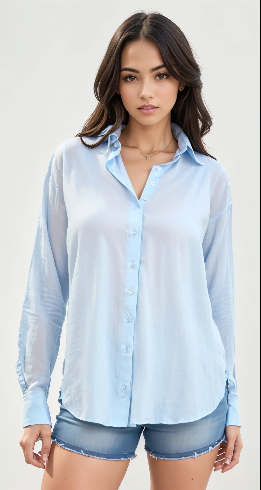 a woman wearing a blue camisa and denim shorts, wearing a linen camisa, wearing a light blue camisa, blusas largas, blue camisa, button up camisa, collared camisa, roupas azuis, wearing a light camisa, sharp details, button - up camisa, detalhes sutis, blue tunic, camisa, summer camisa, basic, long camisa, h 7 0 4