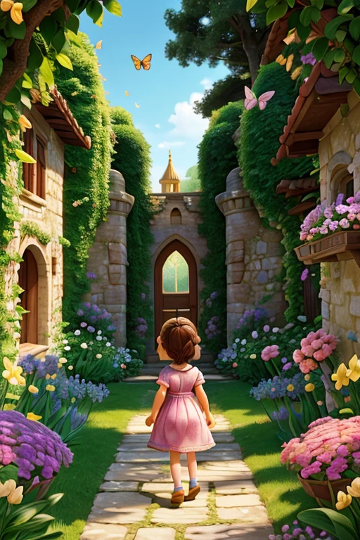 A full of curiosity was exploring the sunny garden of her grandmother's house. Among the colorful flowers and dancing butterflies, she found a secret path that seemed to lead to some magical place. Without hesitation, Lila walks along the path until, suddenly, a magnificent castle appears before her, with shining towers and walls adorned with ivy.