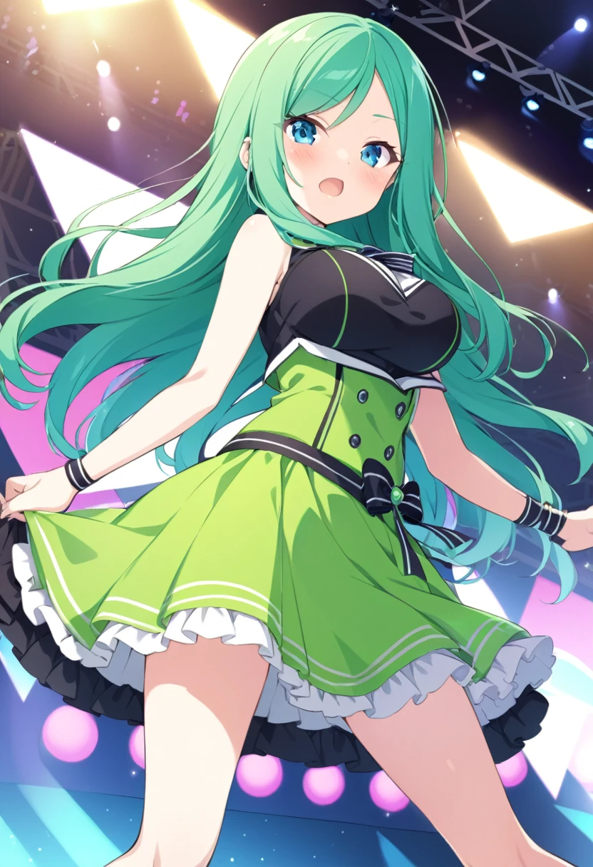 tsukishiroyoko, Green hair, long hair, Blue eyes.,, large breasts, live stage, solo ,16years old