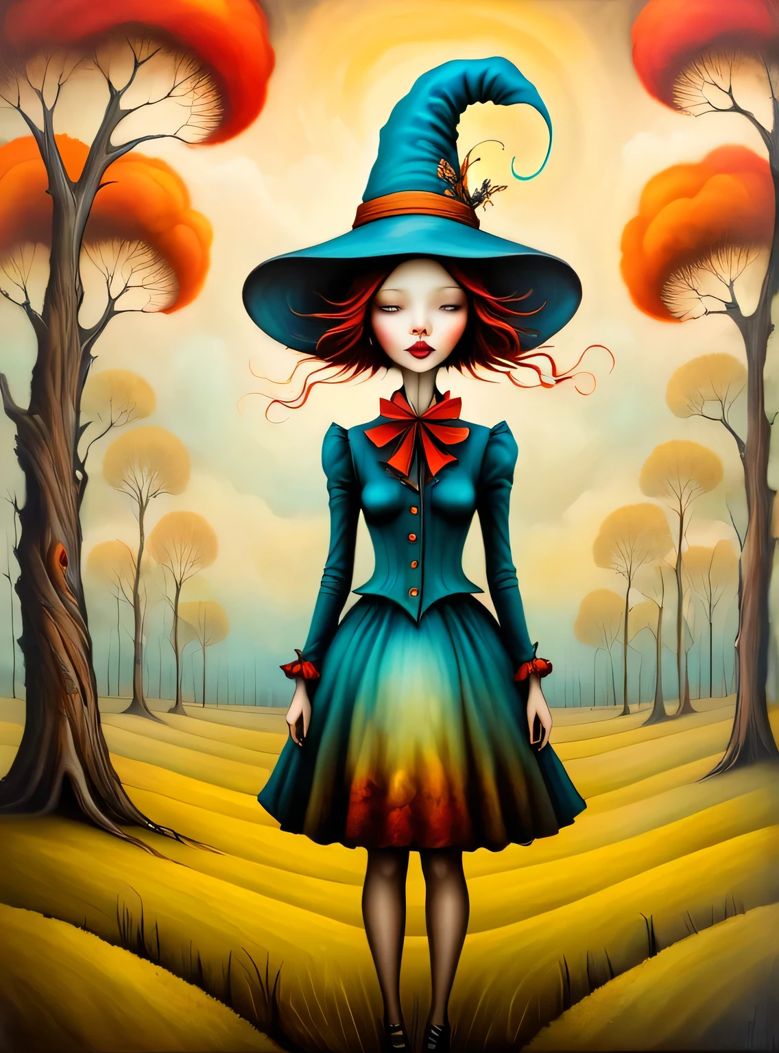 Psychedelic style in the style of esao andrews,esao andrews style,esao andrews art,esao andrewsa girl in a hat is standing in a field of trees, style of esao andrews, inspired by Esao Andrews, esao andrews, esao andrews ornate, inspired by ESAO, benjamin lacombe, andrews esao artstyle, inspired by Brian Despain, earley, by Esao Andrews, anton semenov, julie dillon in the style of esao andrews, esao andrews . Vibrant colors, swirling patterns, abstract forms, surreal, trippy