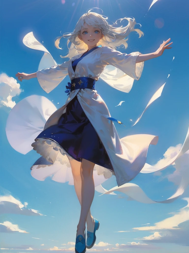 masterpiece, 1 woman, Zephyr, 30 year old woman, adult, mature look, mature adult face, smiling and dancing, she has a deep love for the sky and is rarely seen without a smile, full body illustration, long, flowing silver hair that seems to move with the slightest breeze, and sky-blue eyes that sparkle with mischief, high detail, fantasy medieval style clothes (light flowing robes in shades of blue and white designed for maximum freedom of movement, flat blue shoes designed for mobility), attire is modest but feminine, she's holding a pair of lightweight razor-sharp fans, she is graceful and fluid, wind is swirling around her dynamically, intricate details, ultra high resolution, sharp focus, HD, 8k, clear facial features, clear details, zoomed out view, (((the background is an open field)))